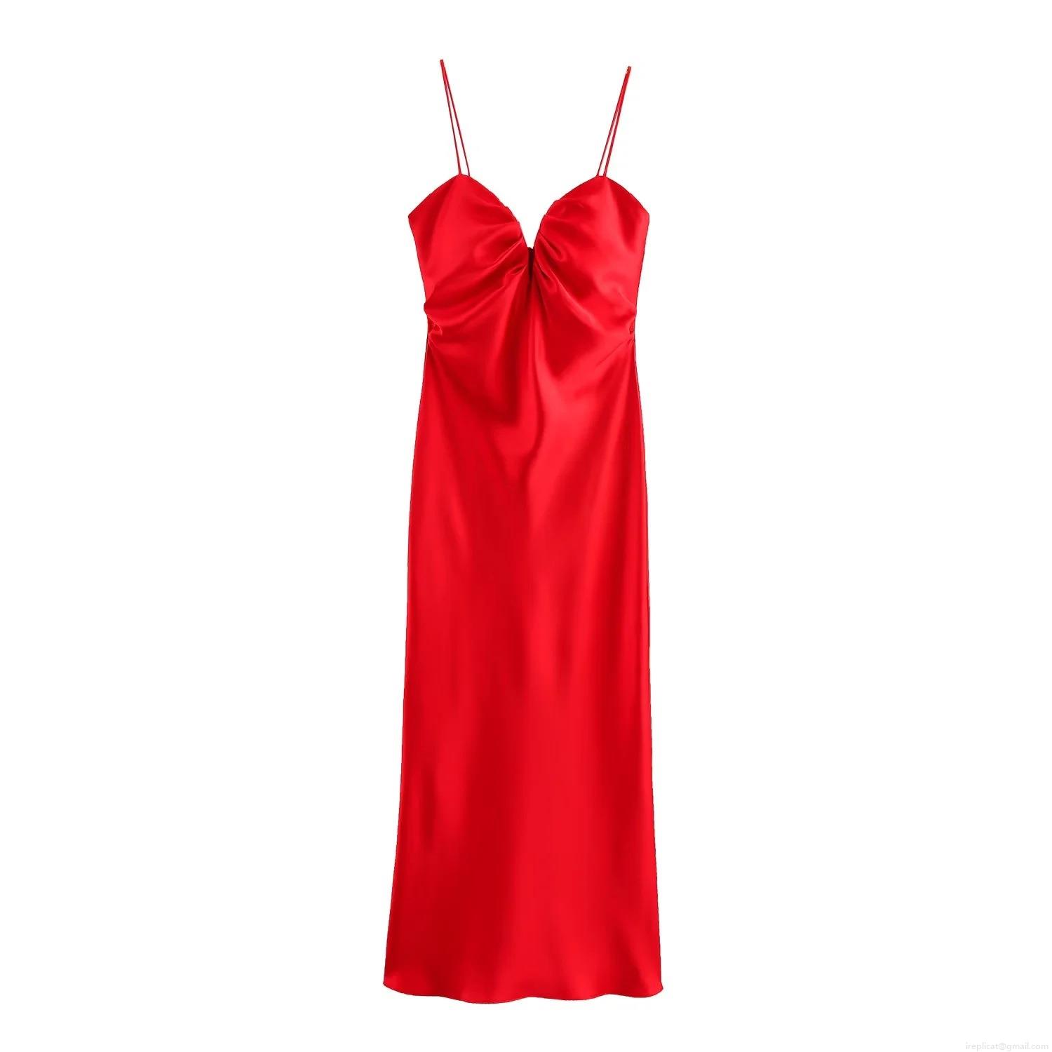 Women's Elegant Satin Midi Dress Solid Red Cami Sleeveless Bow Pleated Evening Party Gown Sexy Slim Fit Socialite Style Cocktail Dress Women's Elegant Satin Midi Dress Solid Red Cami Sleeveless Bow Pleated Evening Party Gown Sexy Slim Fit Socialite Style Cocktail Dress