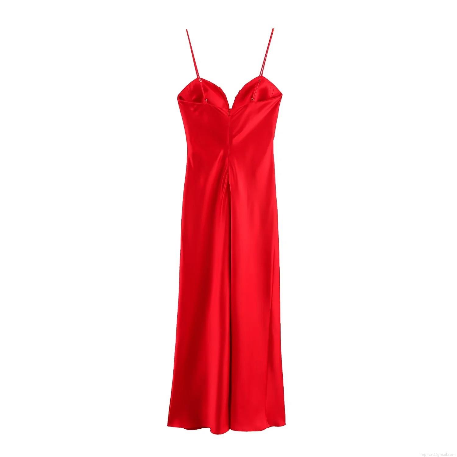 Women\'s Elegant Satin Midi Dress Solid Red Cami Sleeveless Bow Pleated Evening Party Gown Sexy Slim Fit Socialite Style Cocktail Dress