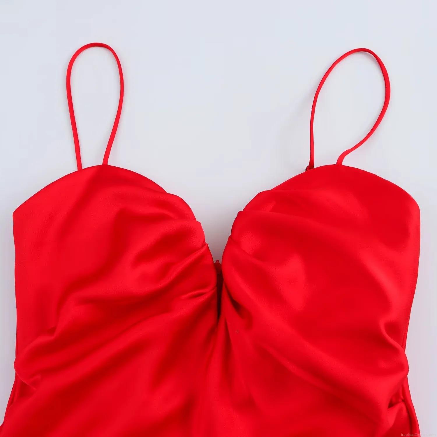 Women\'s Elegant Satin Midi Dress Solid Red Cami Sleeveless Bow Pleated Evening Party Gown Sexy Slim Fit Socialite Style Cocktail Dress