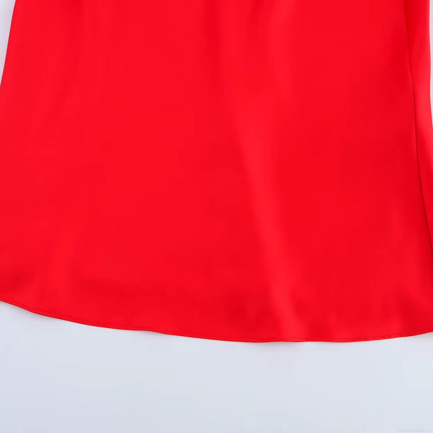 Women\'s Elegant Satin Midi Dress Solid Red Cami Sleeveless Bow Pleated Evening Party Gown Sexy Slim Fit Socialite Style Cocktail Dress
