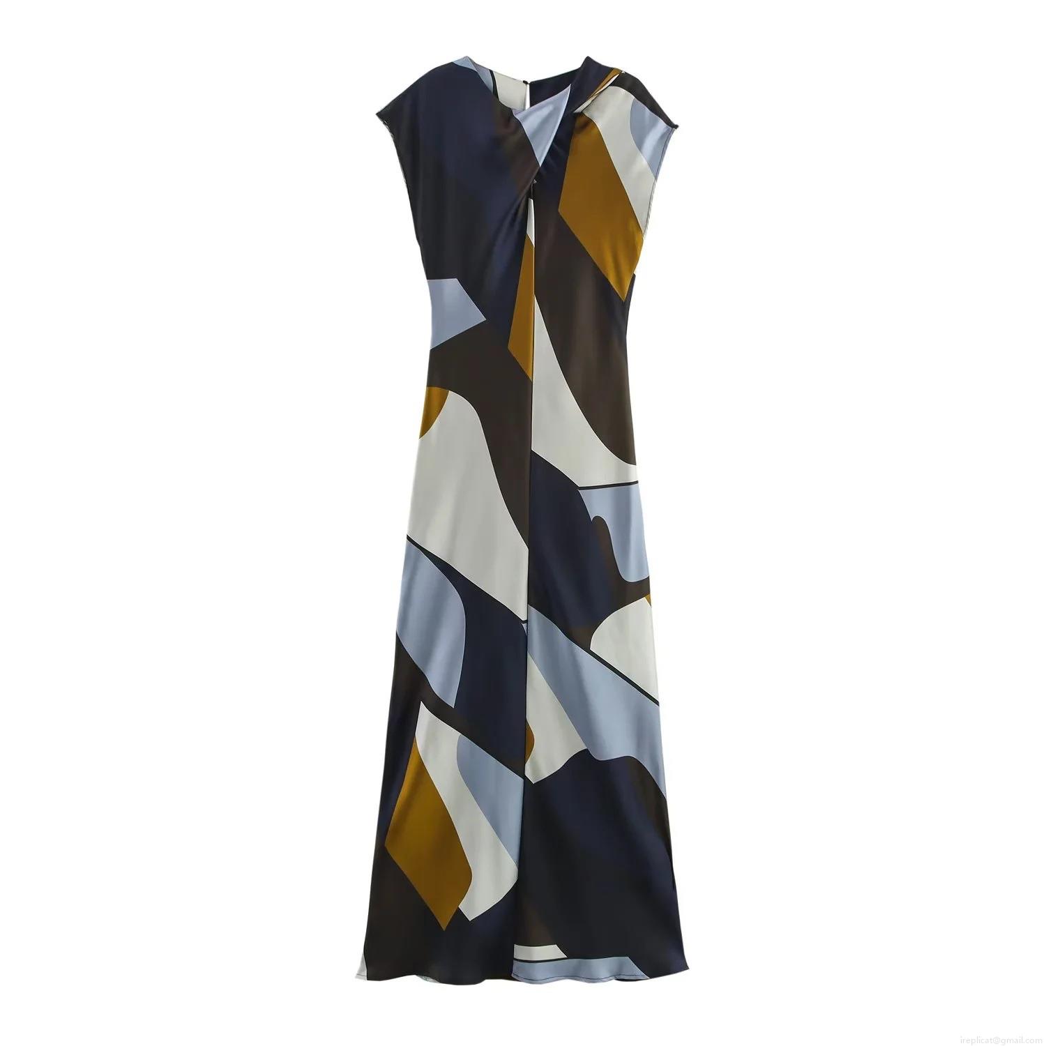 Women\'s Elegant Sleeveless Satin Dress Geometric Print Crew Neck Slim Fit Midi Long Dresses for Party Evening Vacation Polyester Dress