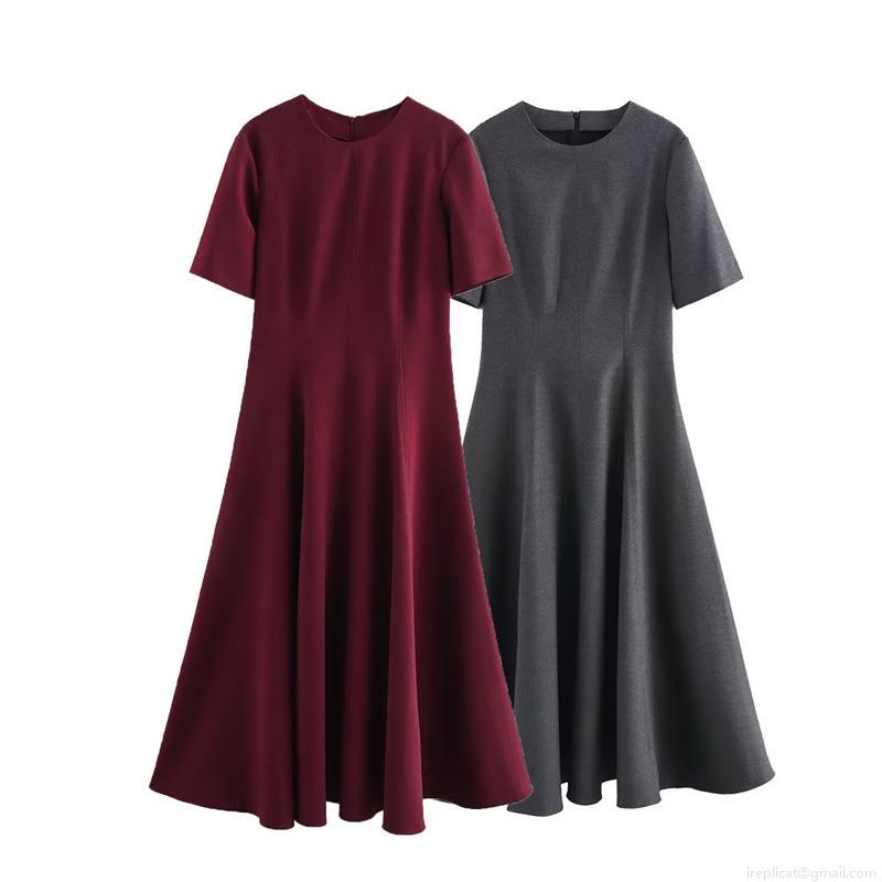 Elegant Women's Short Sleeve Midi Dress Solid Color Slim Waist High Swing A-Line Polyester Dress For Daily Party Workwear Elegant Women's Short Sleeve Midi Dress Solid Color Slim Waist High Swing A-Line Polyester Dress For Daily Party Workwear