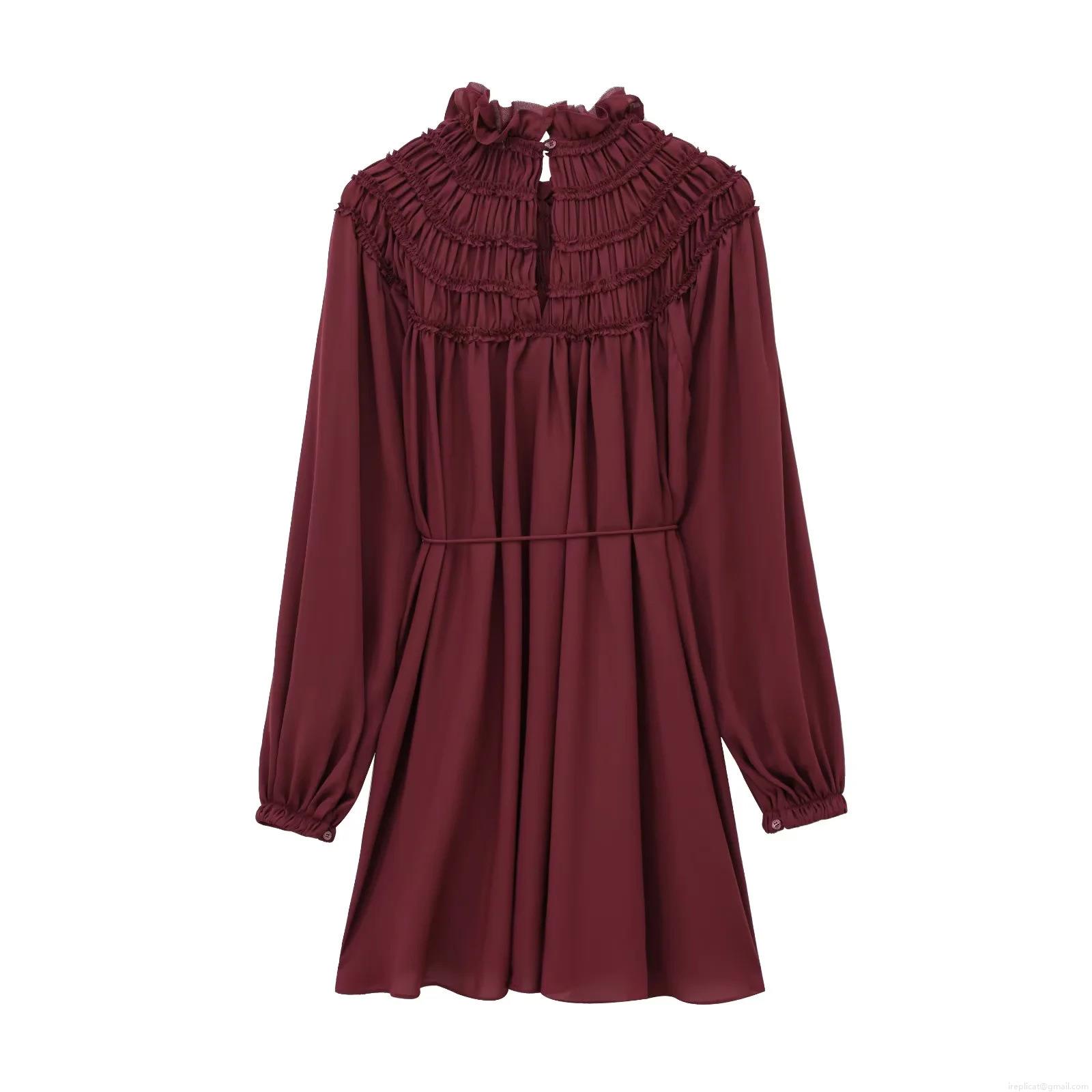 Women Burgundy Long Sleeve Pleated Maxi Dress Elegant Ruffle Mock Neck Chiffon Dress With Waist Tie Vintage A-Line Party Dress For Lady Women Burgundy Long Sleeve Pleated Maxi Dress Elegant Ruffle Mock Neck Chiffon Dress With Waist Tie Vintage A-Line Party Dress For Lady