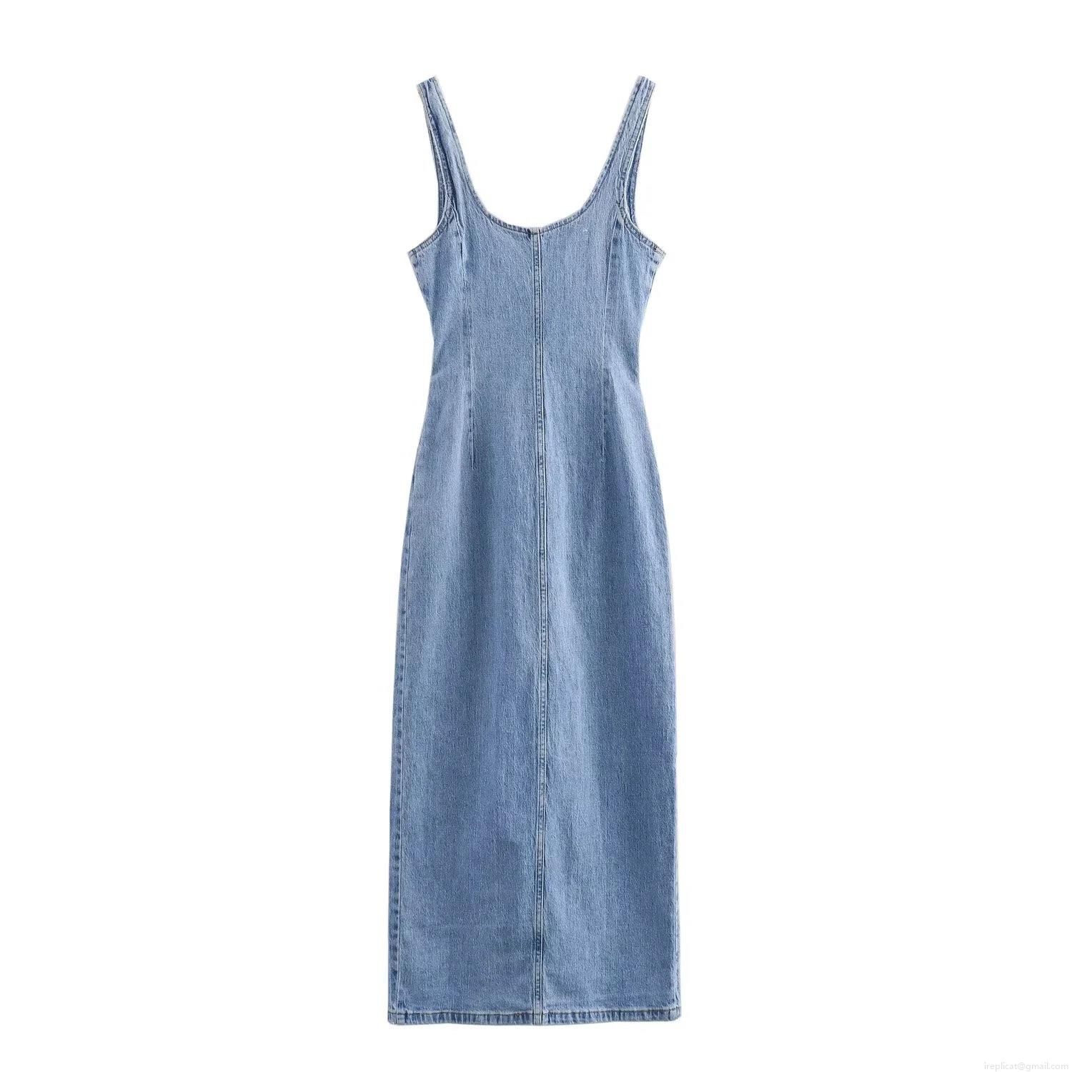 Women\'s Slim Fit Denim Midi Dress Single Breasted Metal Button Front V Neck Sleeveless Strappy Bodycon Sundress Streetwear Casual Daily Dress