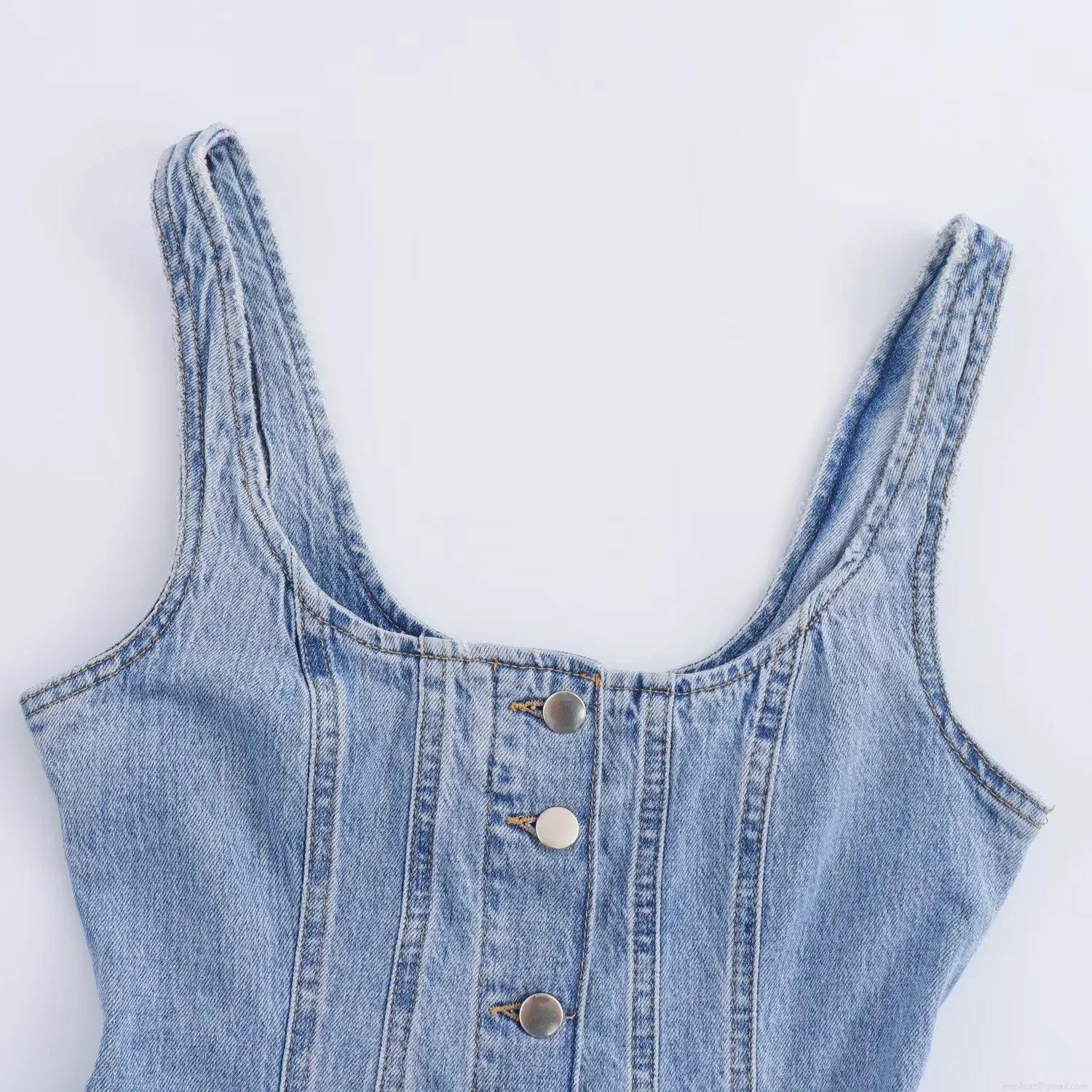 Women\'s Slim Fit Denim Midi Dress Single Breasted Metal Button Front V Neck Sleeveless Strappy Bodycon Sundress Streetwear Casual Daily Dress