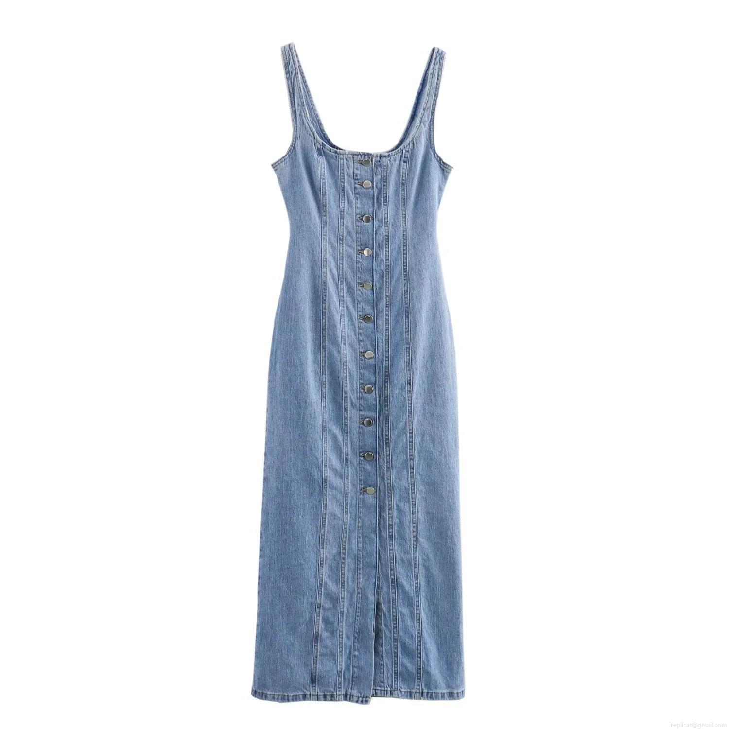 Women\'s Slim Fit Denim Midi Dress Single Breasted Metal Button Front V Neck Sleeveless Strappy Bodycon Sundress Streetwear Casual Daily Dress