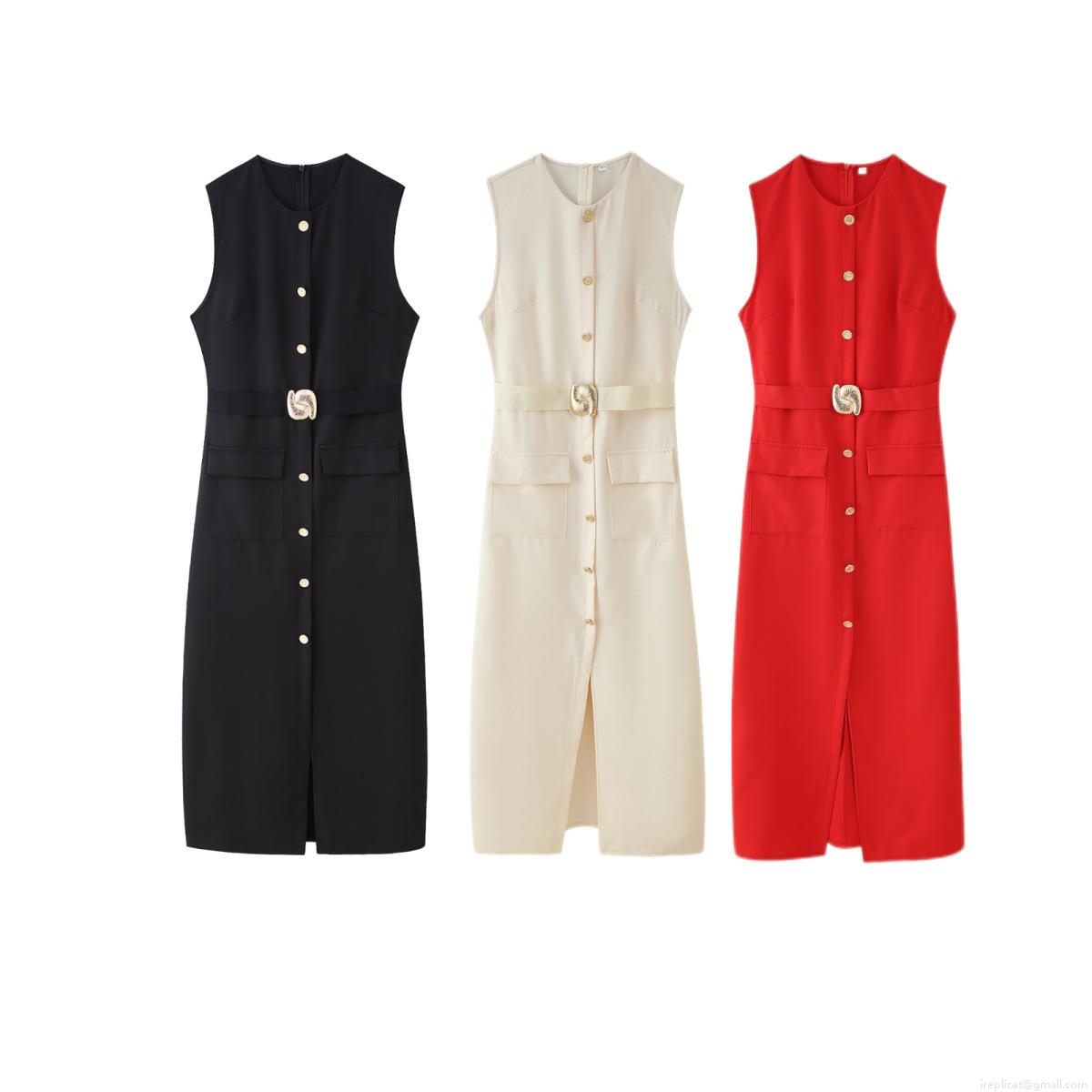 Elegant Women Sleeveless Round Neck Midi Dress With Belt Gold Buttons Solid Color Office Bodycon Dress For Party Wedding Guest Ladys Work Formal Outfit Elegant Women Sleeveless Round Neck Midi Dress With Belt Gold Buttons Solid Color Office Bodycon Dress For Party Wedding Guest Ladys Work Formal Outfit