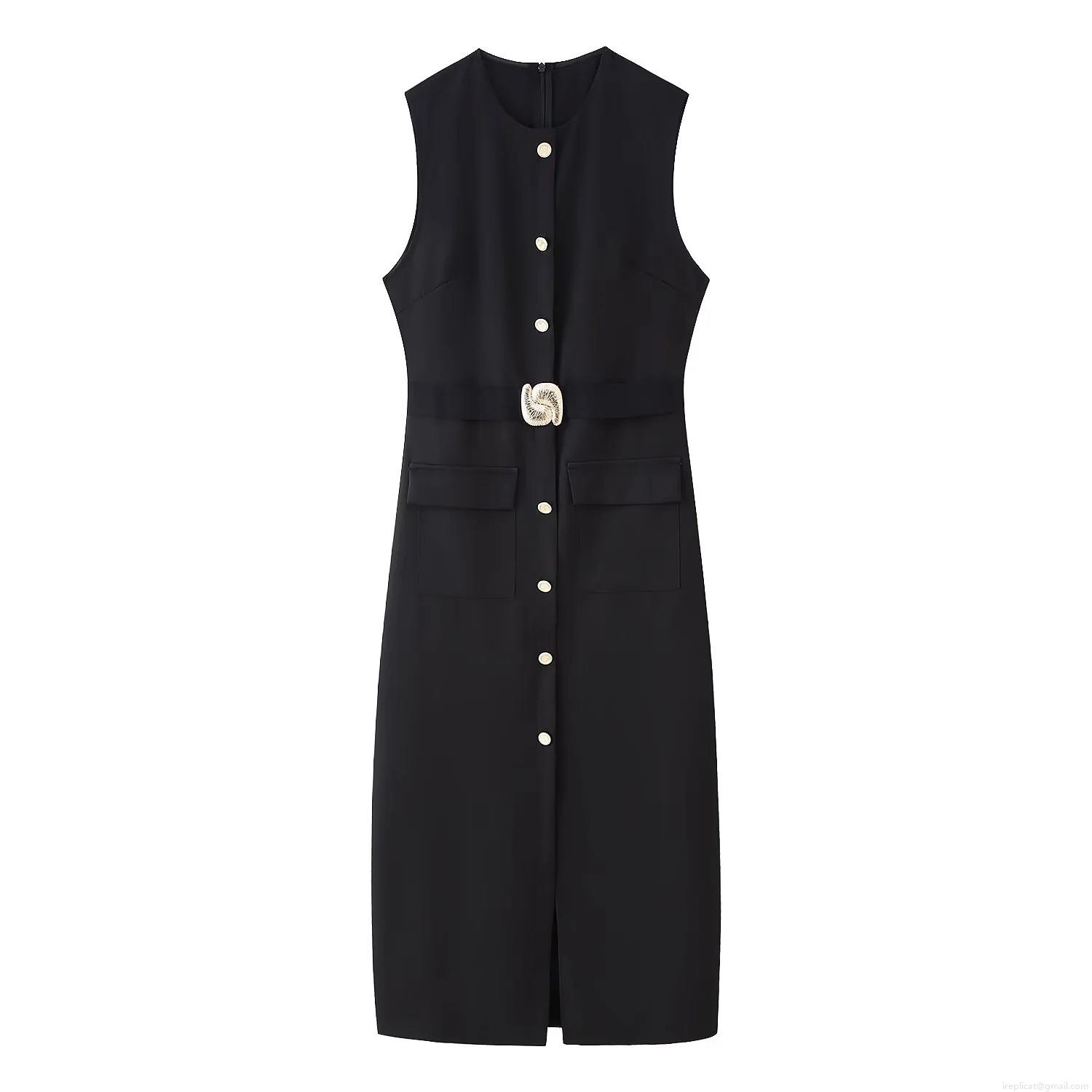Elegant Women Sleeveless Round Neck Midi Dress With Belt Gold Buttons Solid Color Office Bodycon Dress For Party Wedding Guest Ladys Work Formal Outfit