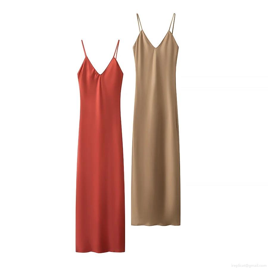 Women's Elegant Satin Slip Dress V-Neck Sleeveless Midi Cami Dress For Party Banquet Sexy Solid Color Summer Long Dress Women's Elegant Satin Slip Dress V-Neck Sleeveless Midi Cami Dress For Party Banquet Sexy Solid Color Summer Long Dress