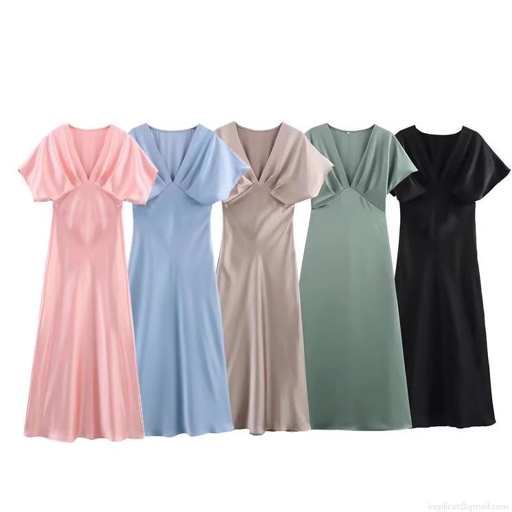 Elegant Women V-Neck Satin Midi Dress Solid Color Short Sleeve High Waist A-Line Party Banquet Evening Dress For Women Elegant Women V-Neck Satin Midi Dress Solid Color Short Sleeve High Waist A-Line Party Banquet Evening Dress For Women