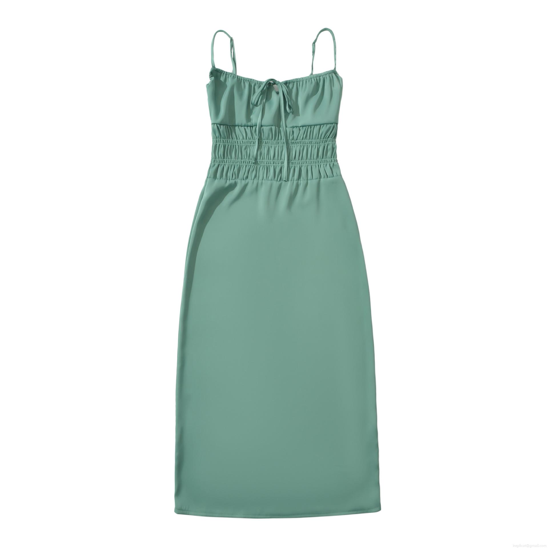 Women Elegant Spaghetti Strap Midi Dress Sexy Smocked Waist Bow Tie Front Solid Color Chic Sleeveless A-Line Party Dress For Lady Summer Fashion Women Elegant Spaghetti Strap Midi Dress Sexy Smocked Waist Bow Tie Front Solid Color Chic Sleeveless A-Line Party Dress For Lady Summer Fashion
