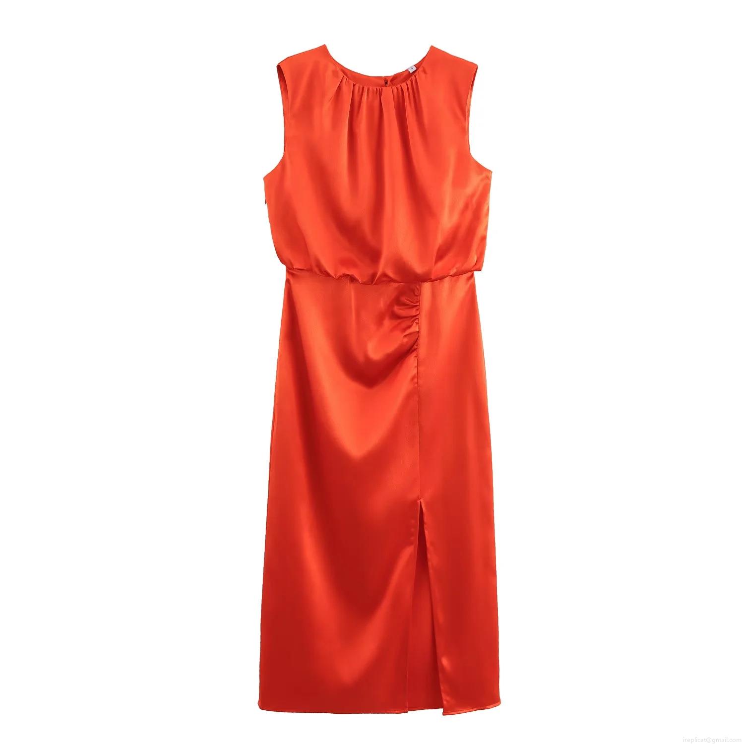 Women's Elegant Satin Sleeveless Maxi Dress With Pleated Detail And High Slit Solid Color Round Neck Midi Dress For Banquet Party Night Out Women's Elegant Satin Sleeveless Maxi Dress With Pleated Detail And High Slit Solid Color Round Neck Midi Dress For Banquet Party Night Out