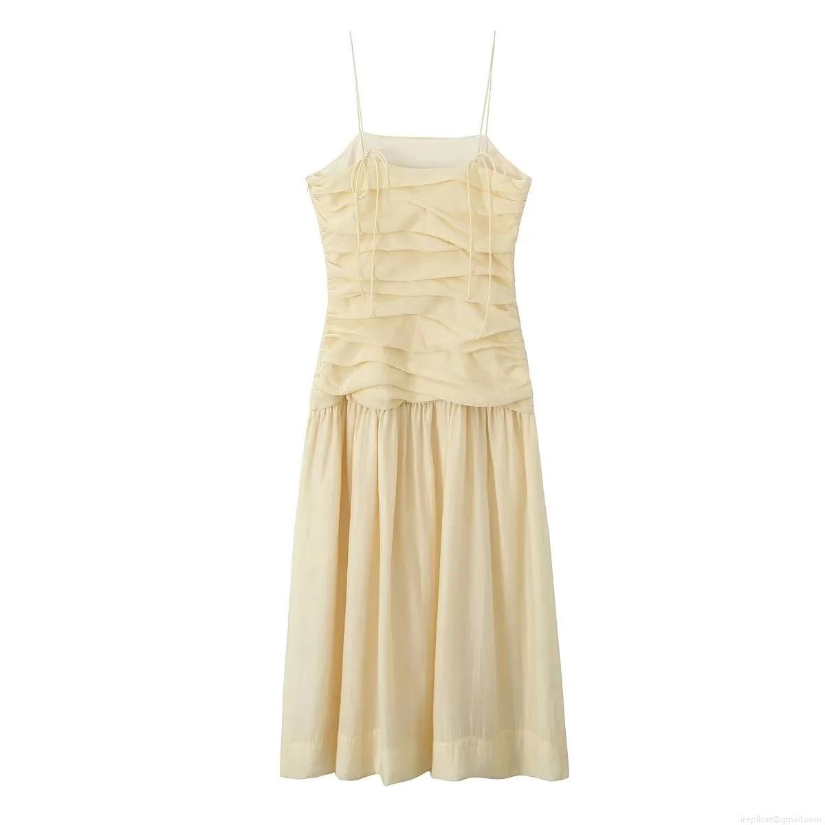 Women's Elegant Pleated Midi Cami Dress French Vintage Polyester Ruched Smocked High Waist Sleeveless Straight Neck Party Evening Vacation Dress Women's Elegant Pleated Midi Cami Dress French Vintage Polyester Ruched Smocked High Waist Sleeveless Straight Neck Party Evening Vacation Dress