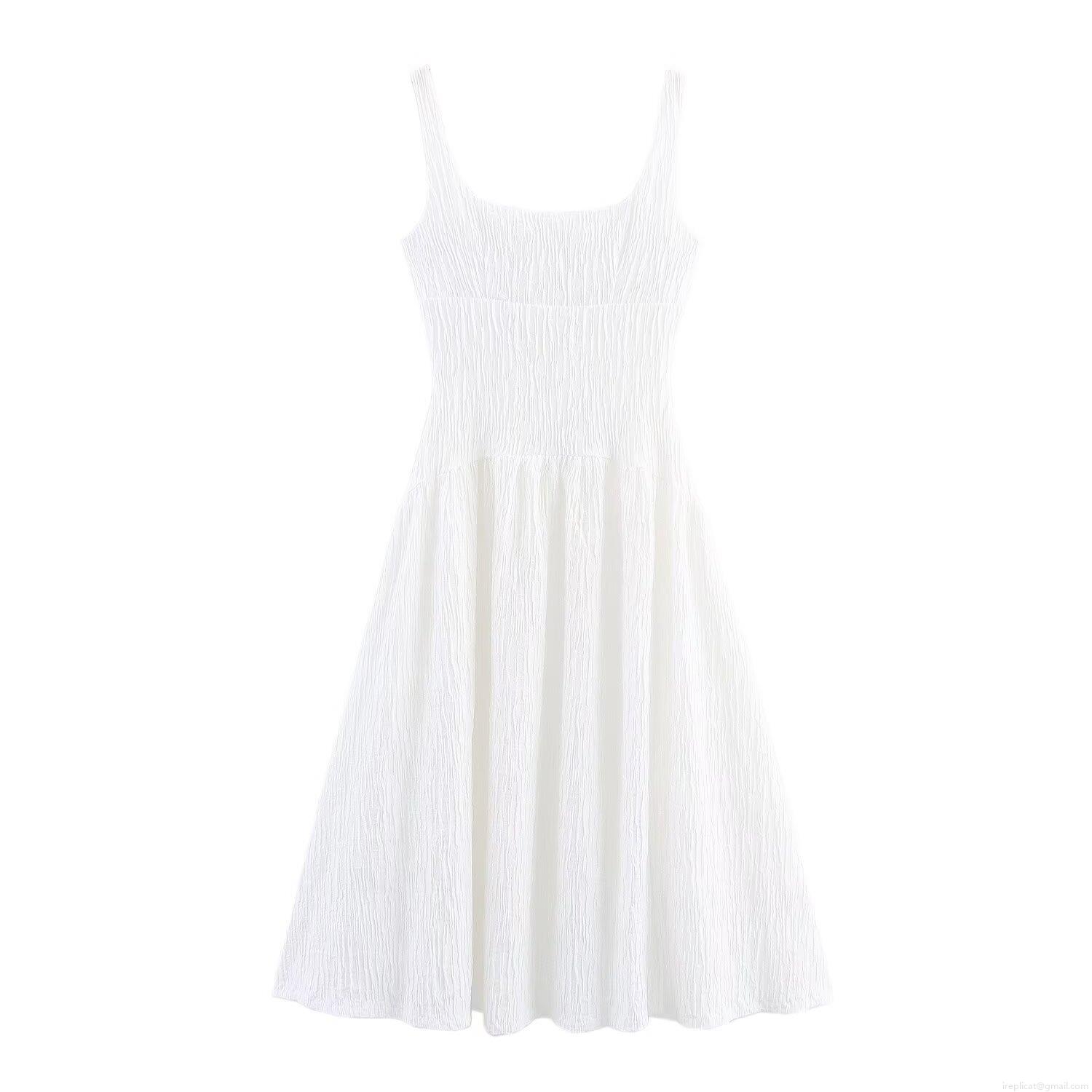 Women Elegant Pleated Midi Cami Dress Square Neck Crinkled Texture High Waist A-Line Summer Sundress For Women Dating Party Vacation Polyester Solid Color Chic Dress