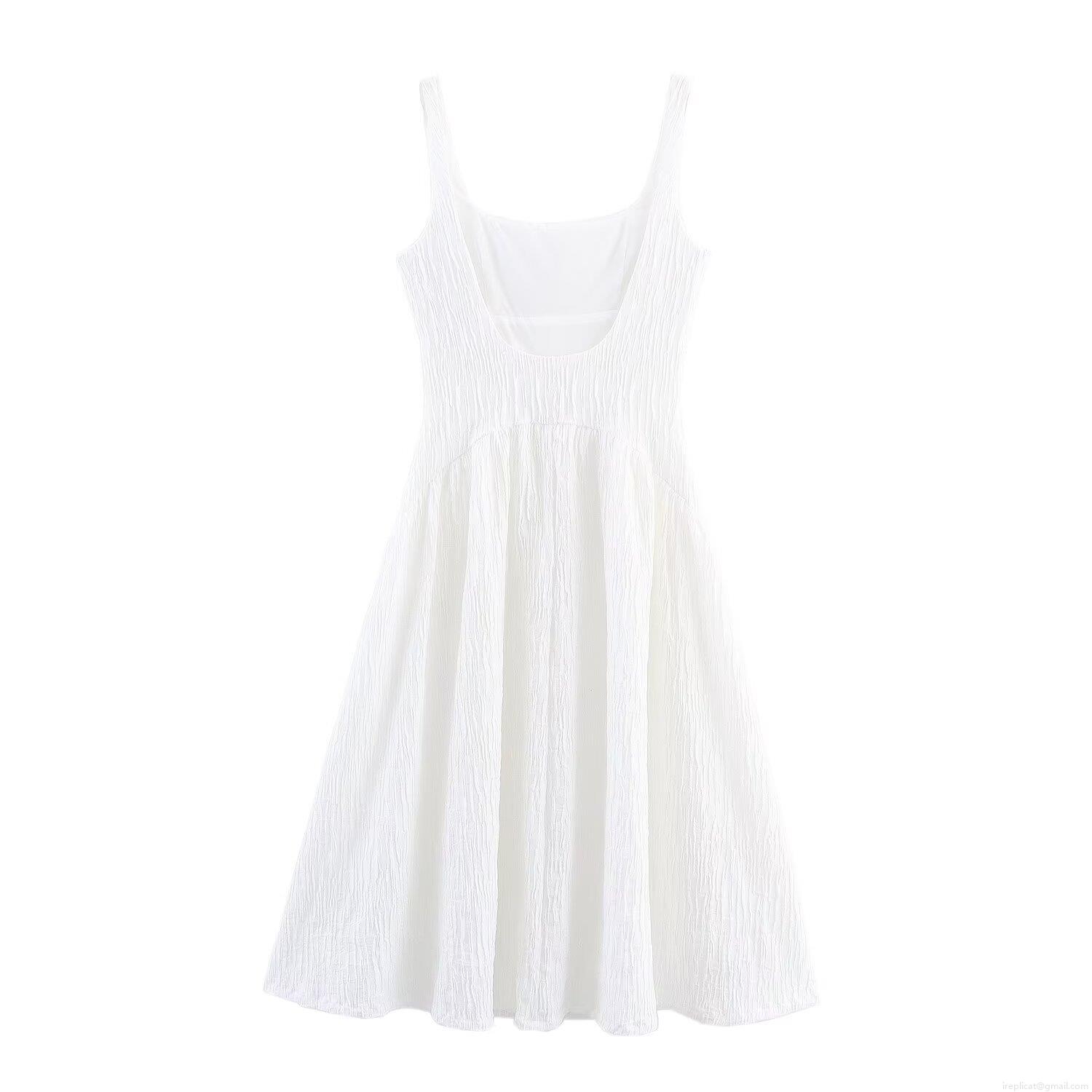 Women Elegant Pleated Midi Cami Dress Square Neck Crinkled Texture High Waist A-Line Summer Sundress For Women Dating Party Vacation Polyester Solid Color Chic Dress