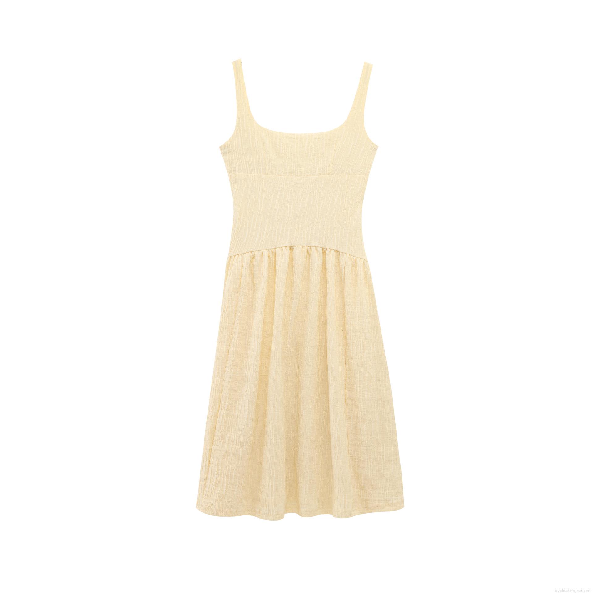 Women Elegant Pleated Midi Cami Dress Square Neck Crinkled Texture High Waist A-Line Summer Sundress For Women Dating Party Vacation Polyester Solid Color Chic Dress