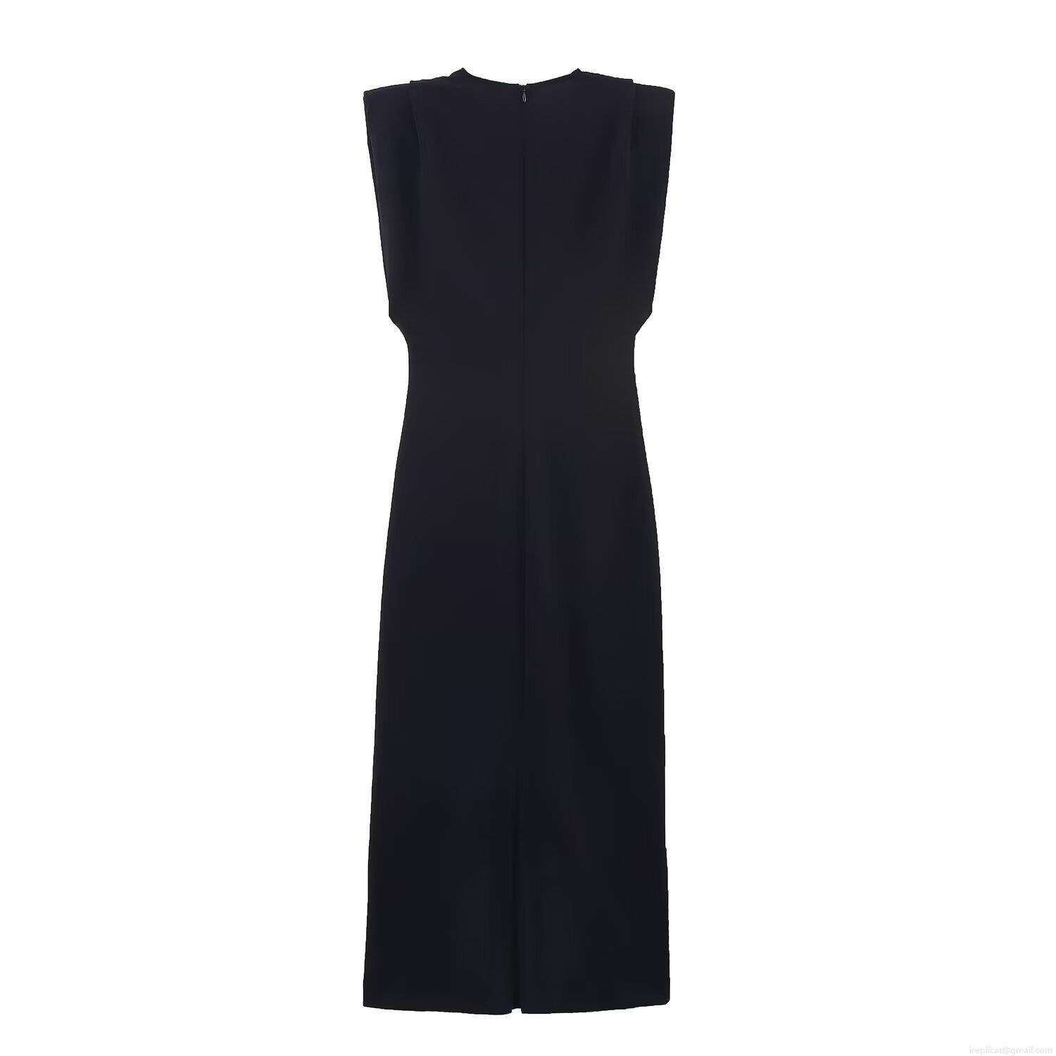 Elegant Women\'s Sleeveless Shoulder Padded Midi Dress Deep V-Neck Ruched Waist Polyester Evening Party Cocktail Bodycon Long Dress