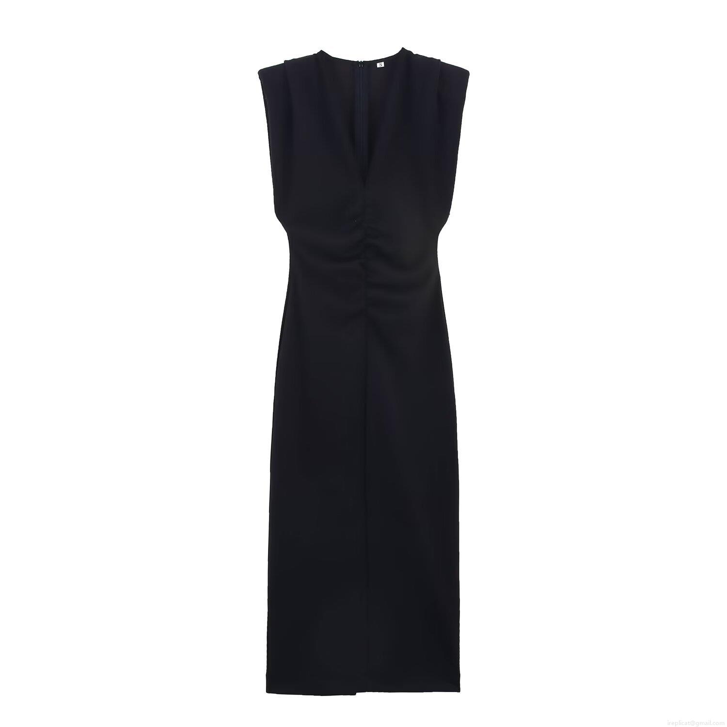 Elegant Women\'s Sleeveless Shoulder Padded Midi Dress Deep V-Neck Ruched Waist Polyester Evening Party Cocktail Bodycon Long Dress