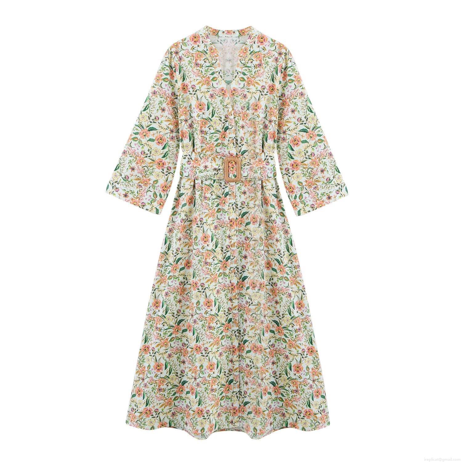 Women Vintage Floral V-Neck Midi Dress Long Sleeve Polyester Elegant Waist Belt Printed Maxi Dress For Party Vacation Daily Wear Women Vintage Floral V-Neck Midi Dress Long Sleeve Polyester Elegant Waist Belt Printed Maxi Dress For Party Vacation Daily Wear
