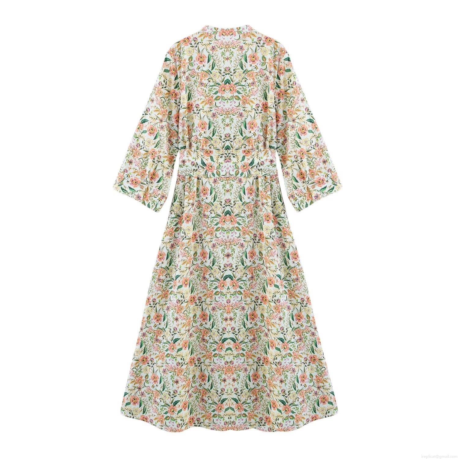 Women Vintage Floral V-Neck Midi Dress Long Sleeve Polyester Elegant Waist Belt Printed Maxi Dress For Party Vacation Daily Wear