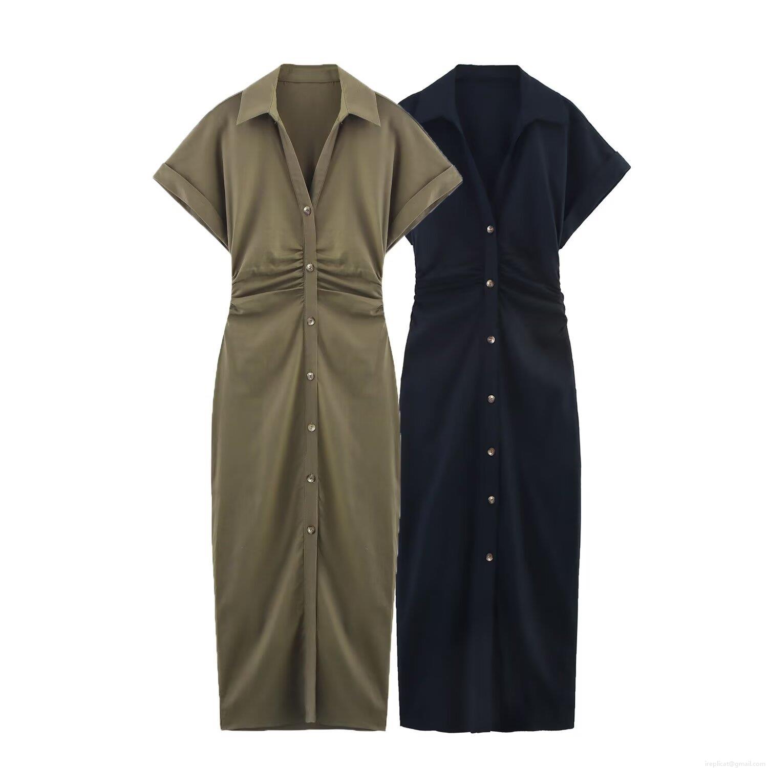 Women's Elegant Solid Color Linen Blend Shirt Dress V-Neck Single Breasted Pleated Waist Short Sleeve Midi Dress For Summer Casual Daily Office Women's Elegant Solid Color Linen Blend Shirt Dress V-Neck Single Breasted Pleated Waist Short Sleeve Midi Dress For Summer Casual Daily Office