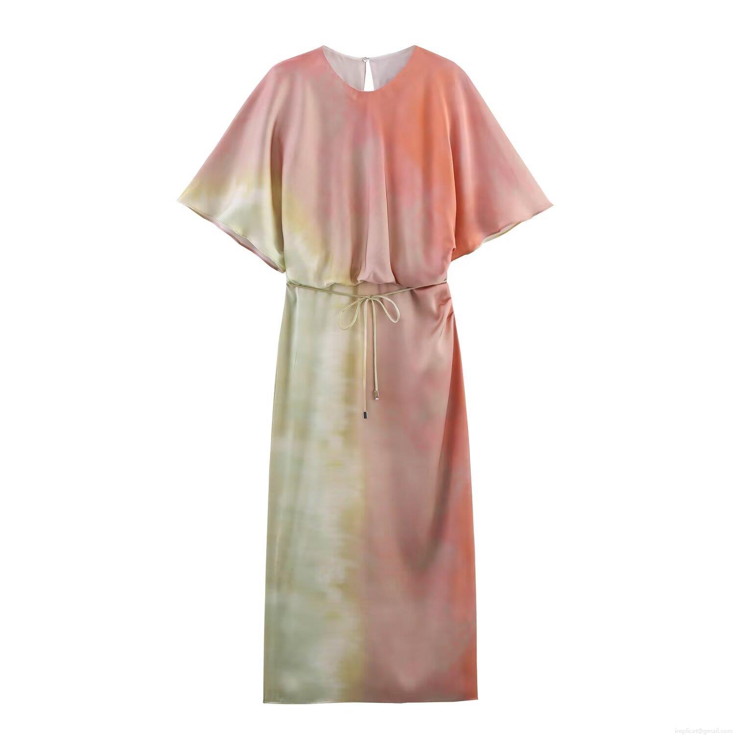 Women Tie Dye Satin Midi Dress Elegant Gradient Polyester Round Neck Short Sleeve Maxi Dress With Belt For Party Vacation Evening Women Tie Dye Satin Midi Dress Elegant Gradient Polyester Round Neck Short Sleeve Maxi Dress With Belt For Party Vacation Evening