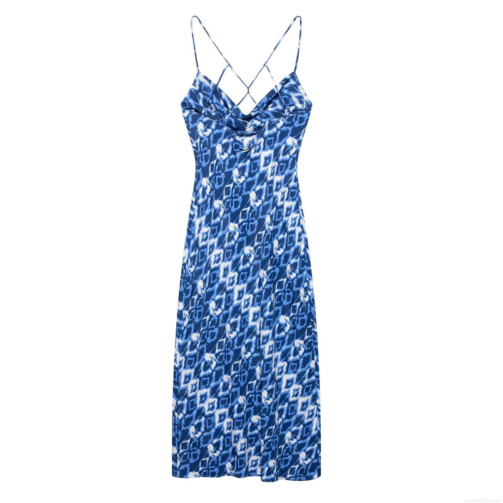 Women Elegant Cowl Neck Slip Midi Dress 100% Polyester Satin Blue White Geometric Print Crisscross Backless Summer Vacation Long Dress For Ladies Women Elegant Cowl Neck Slip Midi Dress 100% Polyester Satin Blue White Geometric Print Crisscross Backless Summer Vacation Long Dress For Ladies