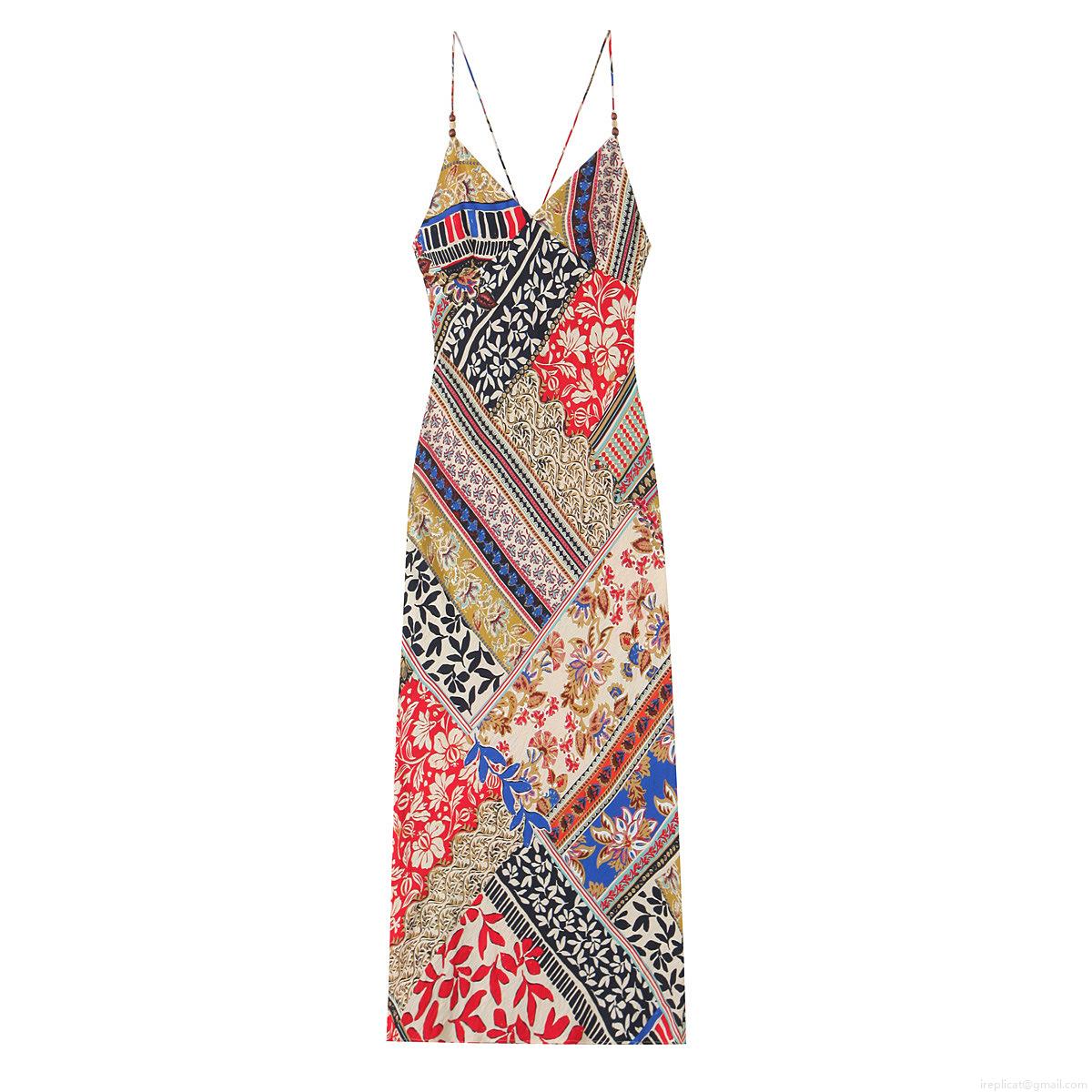 Women's Bohemian V-Neck Cami Maxi Dress Multi-Color Patchwork Floral Print Sleeveless Summer Beach Vacation Long Dress with Wood Bead Details Women's Bohemian V-Neck Cami Maxi Dress Multi-Color Patchwork Floral Print Sleeveless Summer Beach Vacation Long Dress with Wood Bead Details
