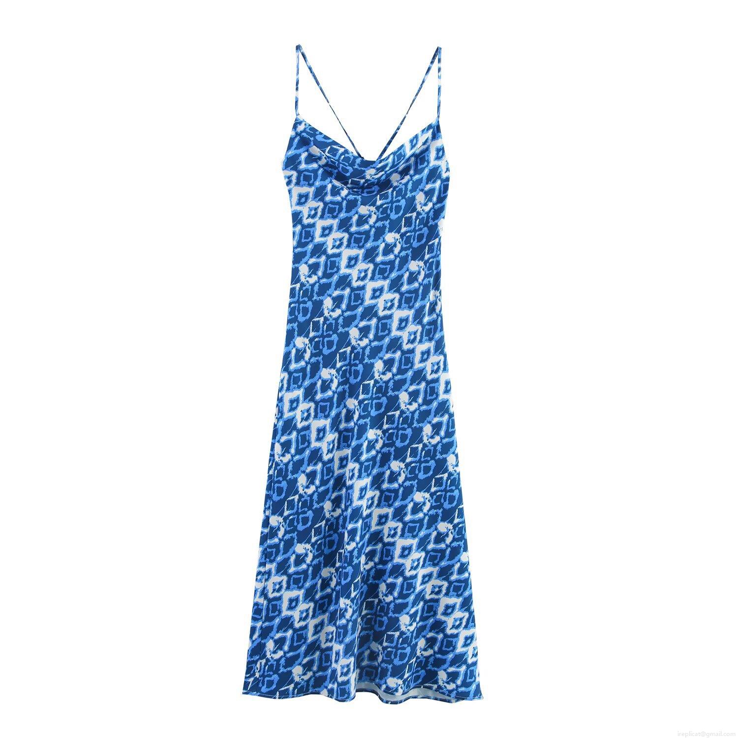 Women's Sexy Cowl Neck Blue Geometric Print Cami Midi Dress Summer Backless Cross Spaghetti Strap Slim Fit Vacation Party Long Sundress Women's Sexy Cowl Neck Blue Geometric Print Cami Midi Dress Summer Backless Cross Spaghetti Strap Slim Fit Vacation Party Long Sundress