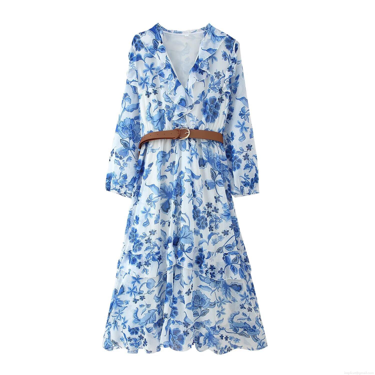 Women's Blue Floral Chiffon Midi Dress V-Neck Long Sleeve Elegant Vacation Beach A-Line Dress With Belt Lightweight Printing Long Dress Women's Blue Floral Chiffon Midi Dress V-Neck Long Sleeve Elegant Vacation Beach A-Line Dress With Belt Lightweight Printing Long Dress