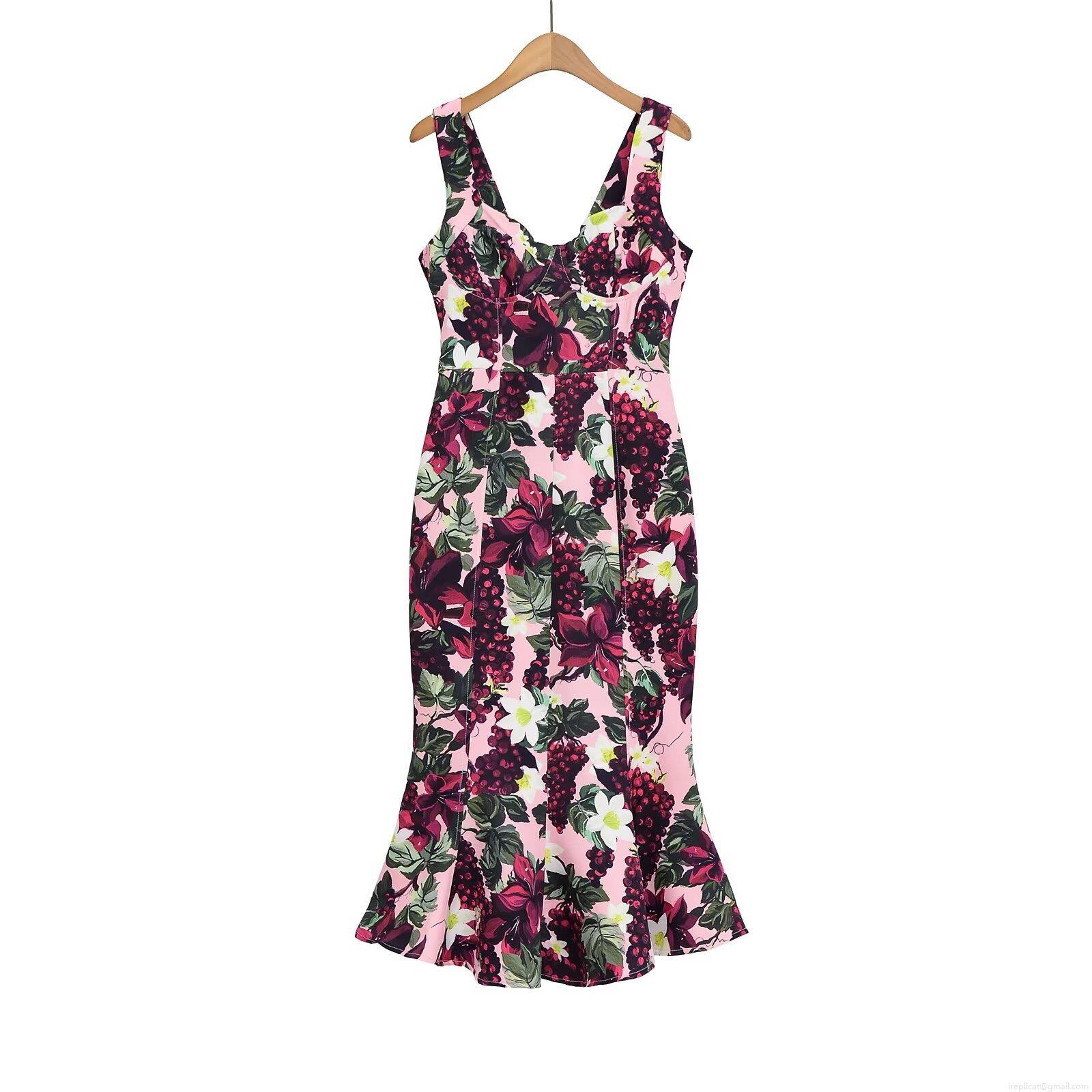 French V Neck Spaghetti Strap Floral Dress Women Pink Grape Print Mermaid Hem Midi Dress Elegant Summer Vacation Party Clubwear Sleeveless Bodycon Vestidos French V Neck Spaghetti Strap Floral Dress Women Pink Grape Print Mermaid Hem Midi Dress Elegant Summer Vacation Party Clubwear Sleeveless Bodycon Vestidos