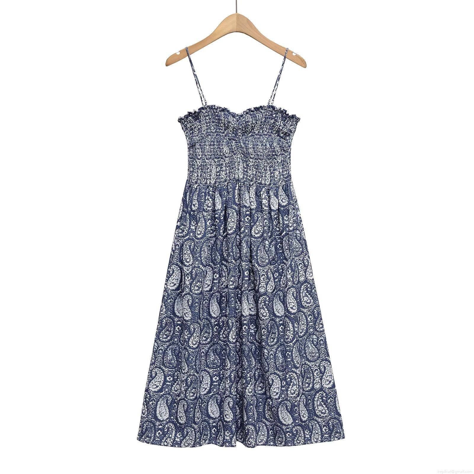 Women\'s Summer Spaghetti Strap Smocked Midi Dress Bohemian Floral Fruit Paisley Print A-Line Sleeveless Vacation Beach Sun Dress