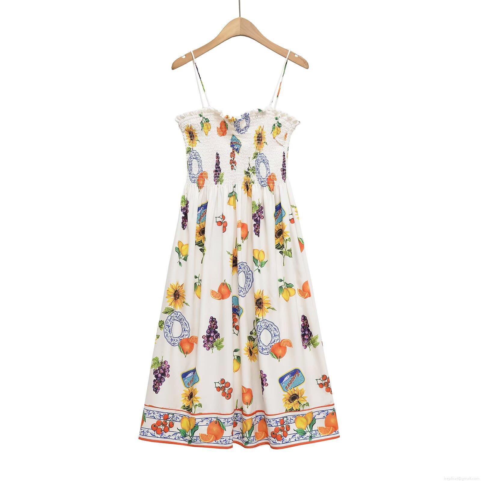 Women\'s Summer Spaghetti Strap Smocked Midi Dress Bohemian Floral Fruit Paisley Print A-Line Sleeveless Vacation Beach Sun Dress