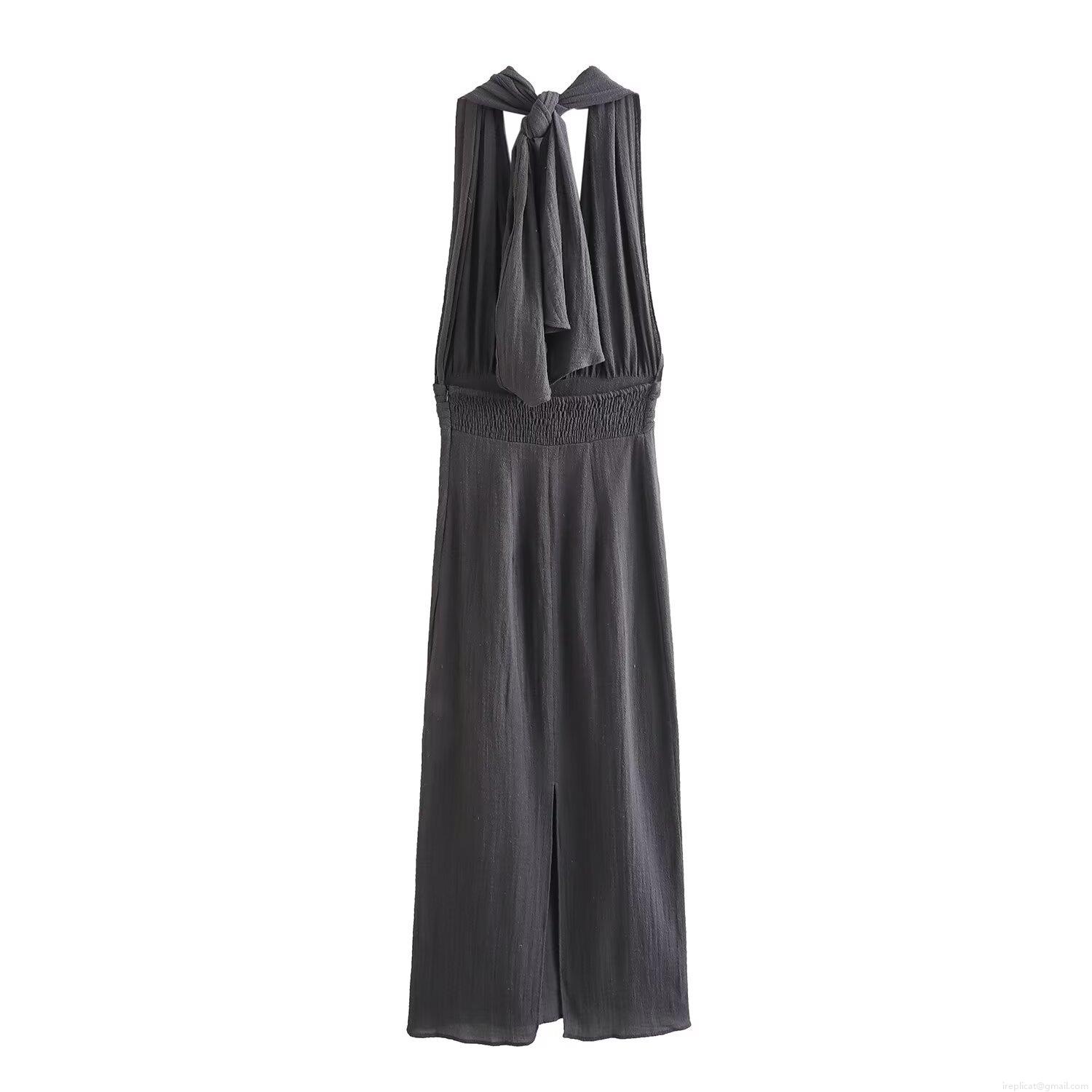 Elegant Halter Neck Maxi Dress for Women Terylene Linen Blend Backless Tie-up Pleated Waist Solid Color Side Split Long Party Evening Summer Beach Dresses Elegant Halter Neck Maxi Dress for Women Terylene Linen Blend Backless Tie-up Pleated Waist Solid Color Side Split Long Party Evening Summer Beach Dresses