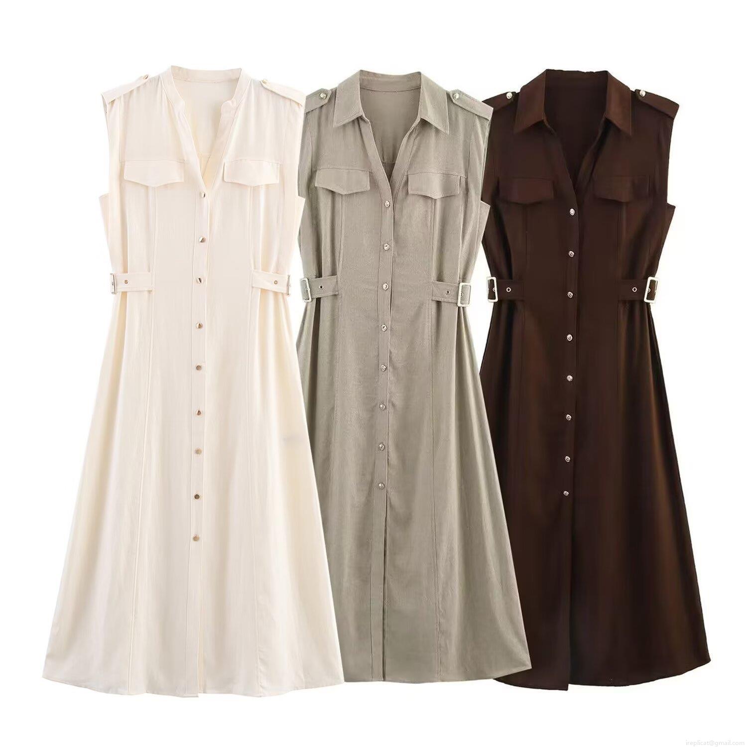 Women's Sleeveless Linen Shirt Dress Utility Midi Length Button Down Lapel Collar Dress With Chest Pockets And Adjustable Waist Buckles Casual Elegant Workwear Dress Women's Sleeveless Linen Shirt Dress Utility Midi Length Button Down Lapel Collar Dress With Chest Pockets And Adjustable Waist Buckles Casual Elegant Workwear Dress