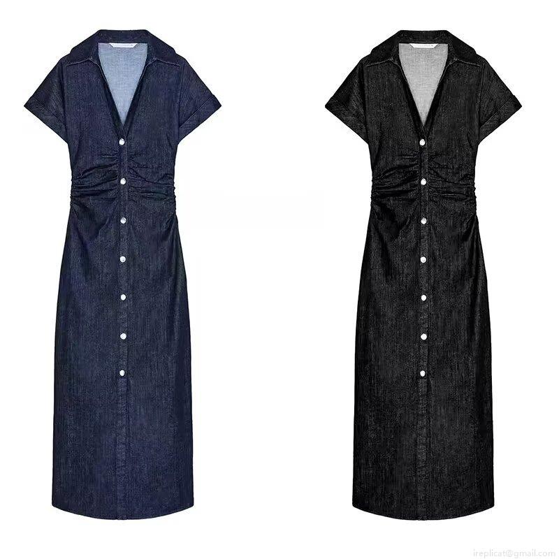 Women's Short Sleeve Denim Midi Dress V-Neck Single Breasted Waist Ruched Elegant Casual Jean Dresses for Summer Vacation Ladies Women's Short Sleeve Denim Midi Dress V-Neck Single Breasted Waist Ruched Elegant Casual Jean Dresses for Summer Vacation Ladies
