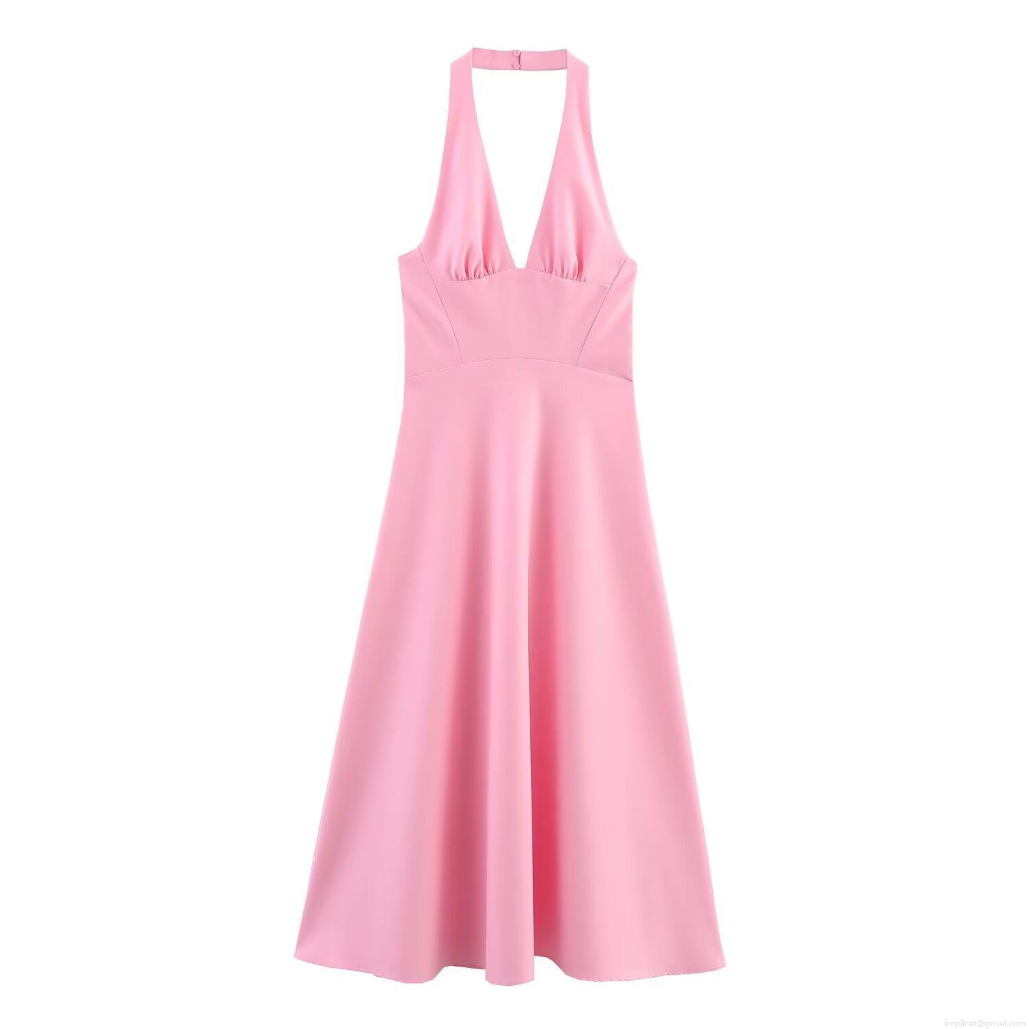 Women's Halter Neck Backless Midi Dress Elegant V-Neck Sleeveless A-Line Polyester Party Dress Solid Pink Summer Vacation Evening Gown For Women Women's Halter Neck Backless Midi Dress Elegant V-Neck Sleeveless A-Line Polyester Party Dress Solid Pink Summer Vacation Evening Gown For Women