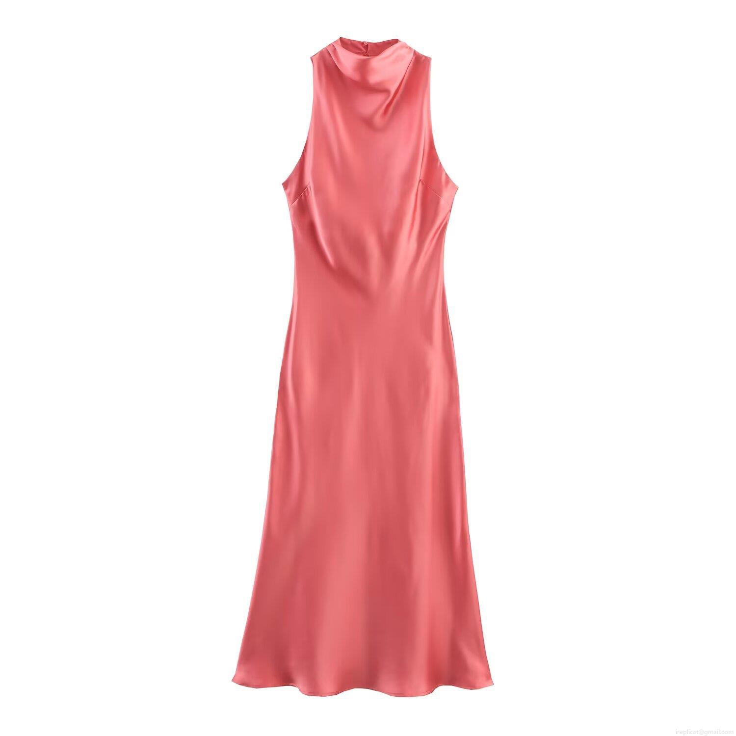 Women's Elegant Satin Midi Dress Sleeveless Mock Neck Drape Neckline Coral Pink Solid Color Cocktail Party Celebrity Style Slip Dress Women's Elegant Satin Midi Dress Sleeveless Mock Neck Drape Neckline Coral Pink Solid Color Cocktail Party Celebrity Style Slip Dress
