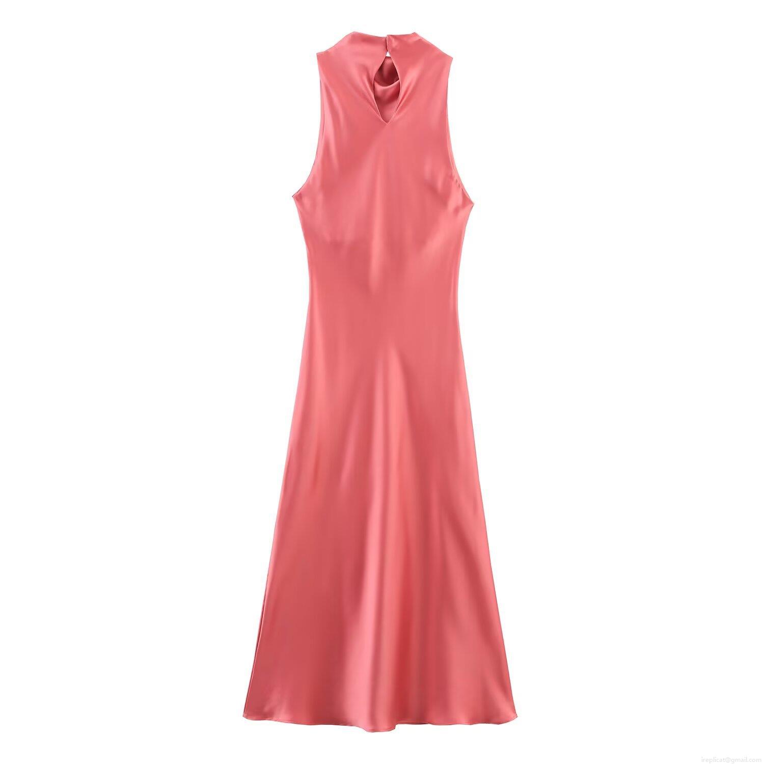 Women\'s Elegant Satin Midi Dress Sleeveless Mock Neck Drape Neckline Coral Pink Solid Color Cocktail Party Celebrity Style Slip Dress