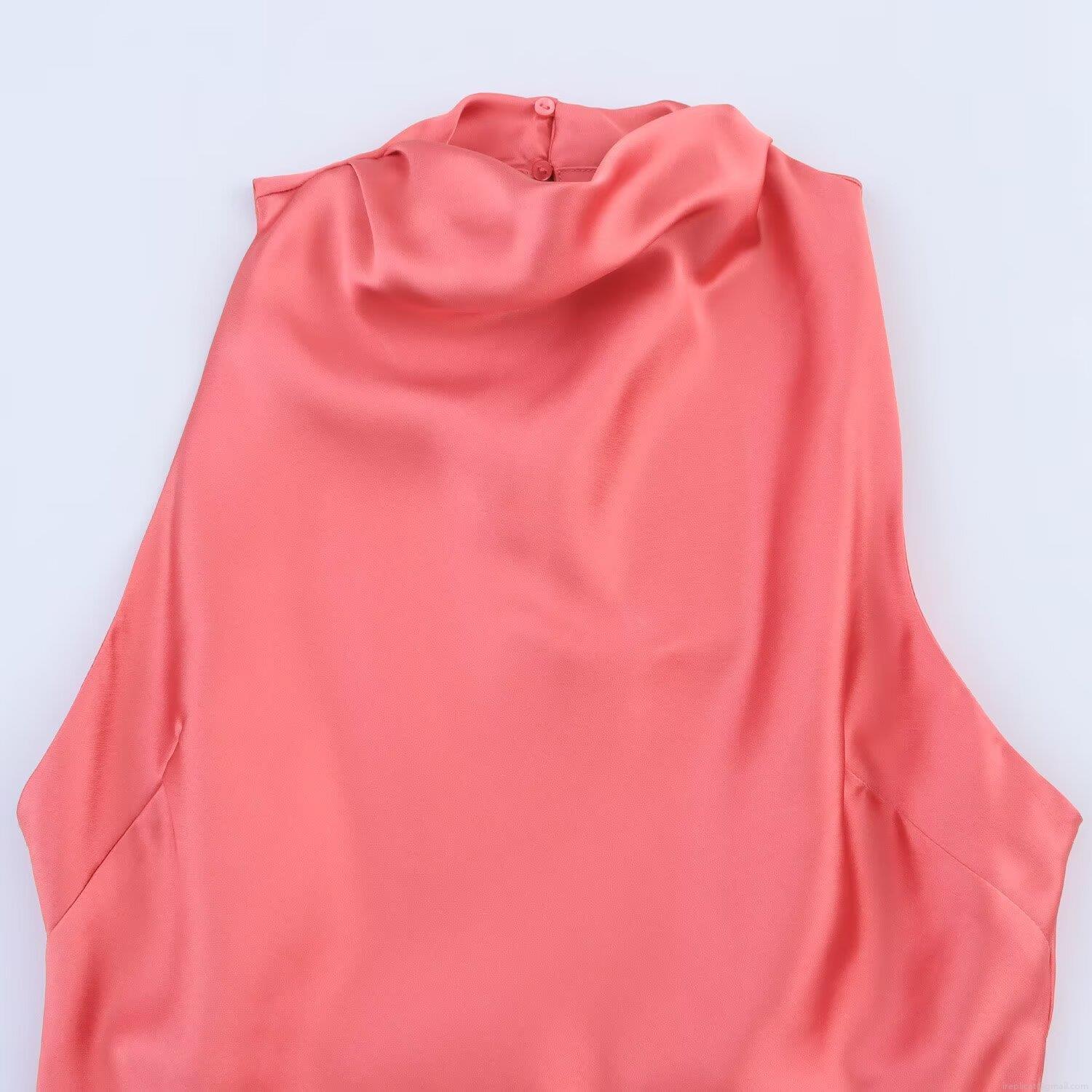 Women\'s Elegant Satin Midi Dress Sleeveless Mock Neck Drape Neckline Coral Pink Solid Color Cocktail Party Celebrity Style Slip Dress
