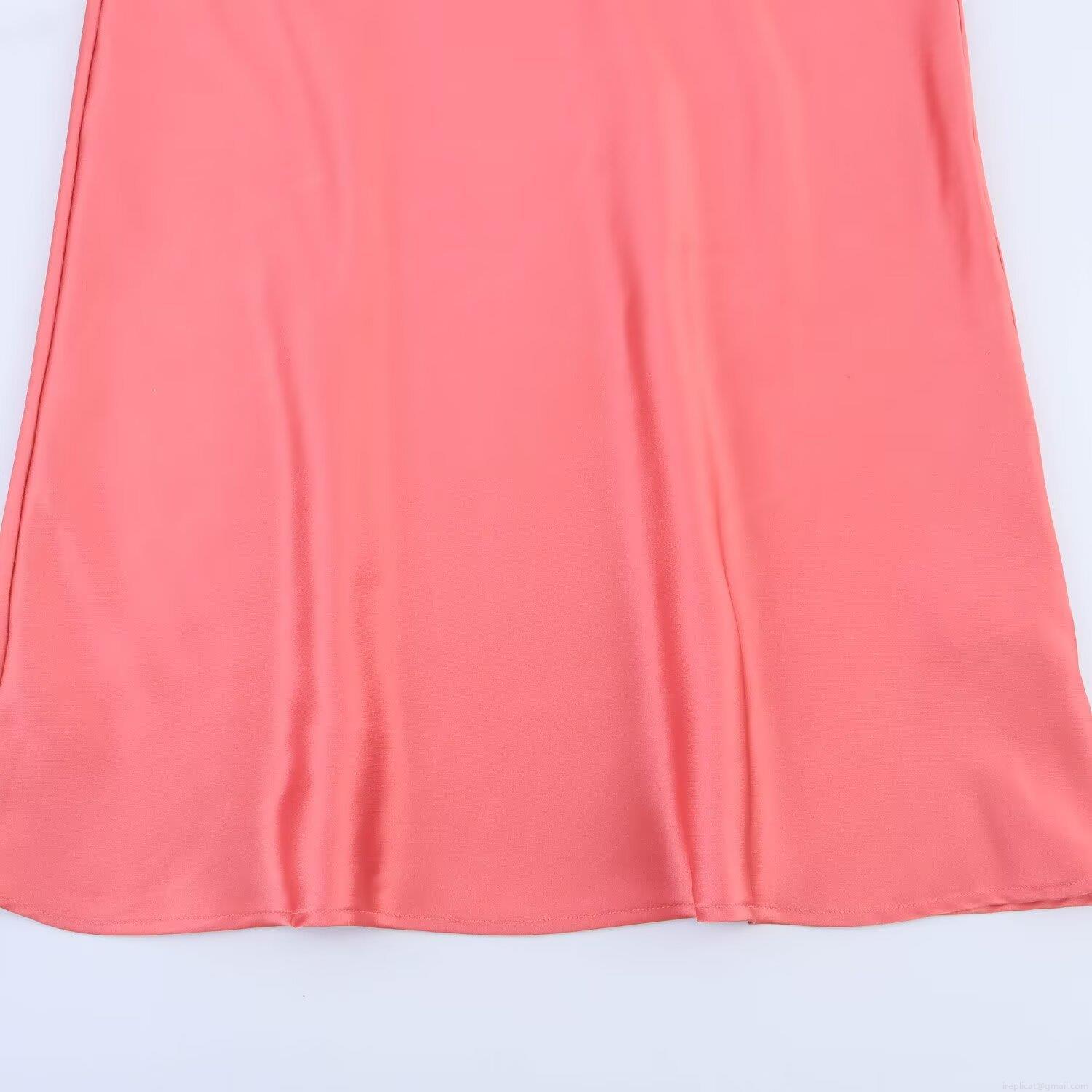 Women\'s Elegant Satin Midi Dress Sleeveless Mock Neck Drape Neckline Coral Pink Solid Color Cocktail Party Celebrity Style Slip Dress