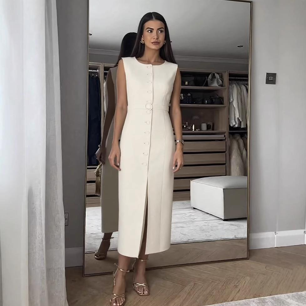 Women's Elegant Sleeveless Single Breasted Button Down Midi Dress With Belt Front Slit Solid Color Polyester Office Commute Daily Long Dress Women's Elegant Sleeveless Single Breasted Button Down Midi Dress With Belt Front Slit Solid Color Polyester Office Commute Daily Long Dress