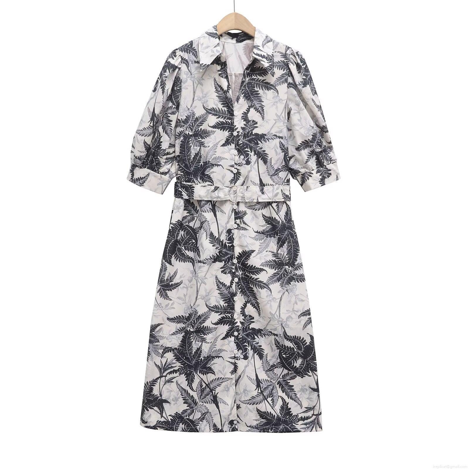 French Elegant 100% Cotton Midi Dress Women Tropical Palm Leaf Print Turn-down Collar Short Puff Sleeve Single Breasted Shirt Dress With Belt For Summer Vacation Party French Elegant 100% Cotton Midi Dress Women Tropical Palm Leaf Print Turn-down Collar Short Puff Sleeve Single Breasted Shirt Dress With Belt For Summer Vacation Party