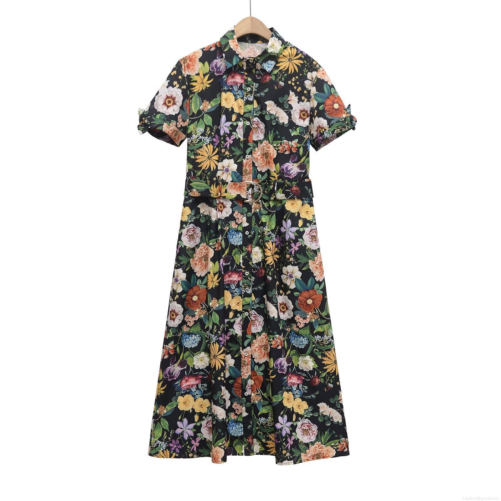 Vintage Floral Print Short Sleeve Midi Shirt Dress With Belt Polyester Elegant Women Fashion Summer Casual Button Down Dress Vintage Floral Print Short Sleeve Midi Shirt Dress With Belt Polyester Elegant Women Fashion Summer Casual Button Down Dress