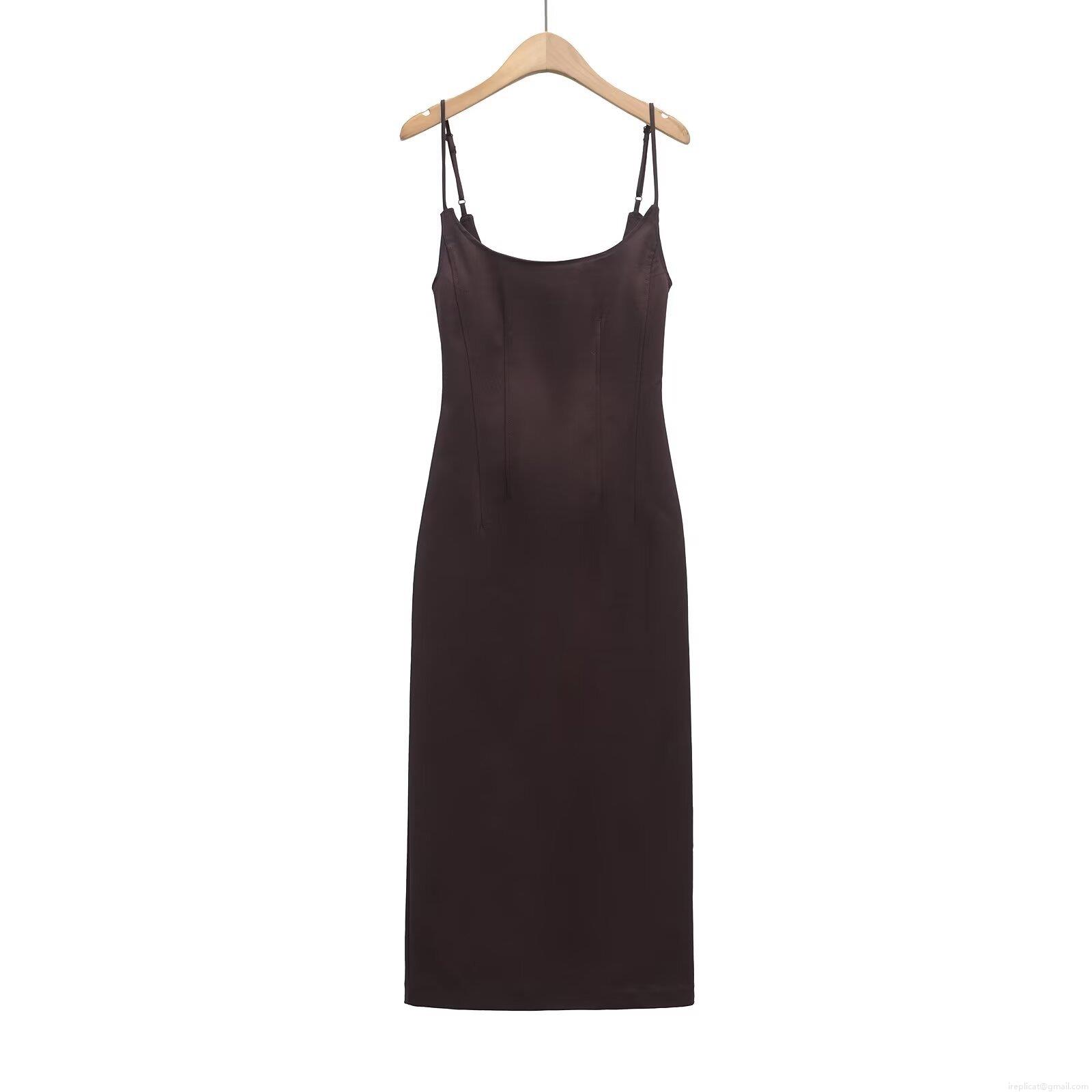 French Vintage Satin Cami Midi Dress For Women Elegant Bodycon Backless Split Party Evening Dress With Adjustable Straps Dark Brown French Vintage Satin Cami Midi Dress For Women Elegant Bodycon Backless Split Party Evening Dress With Adjustable Straps Dark Brown