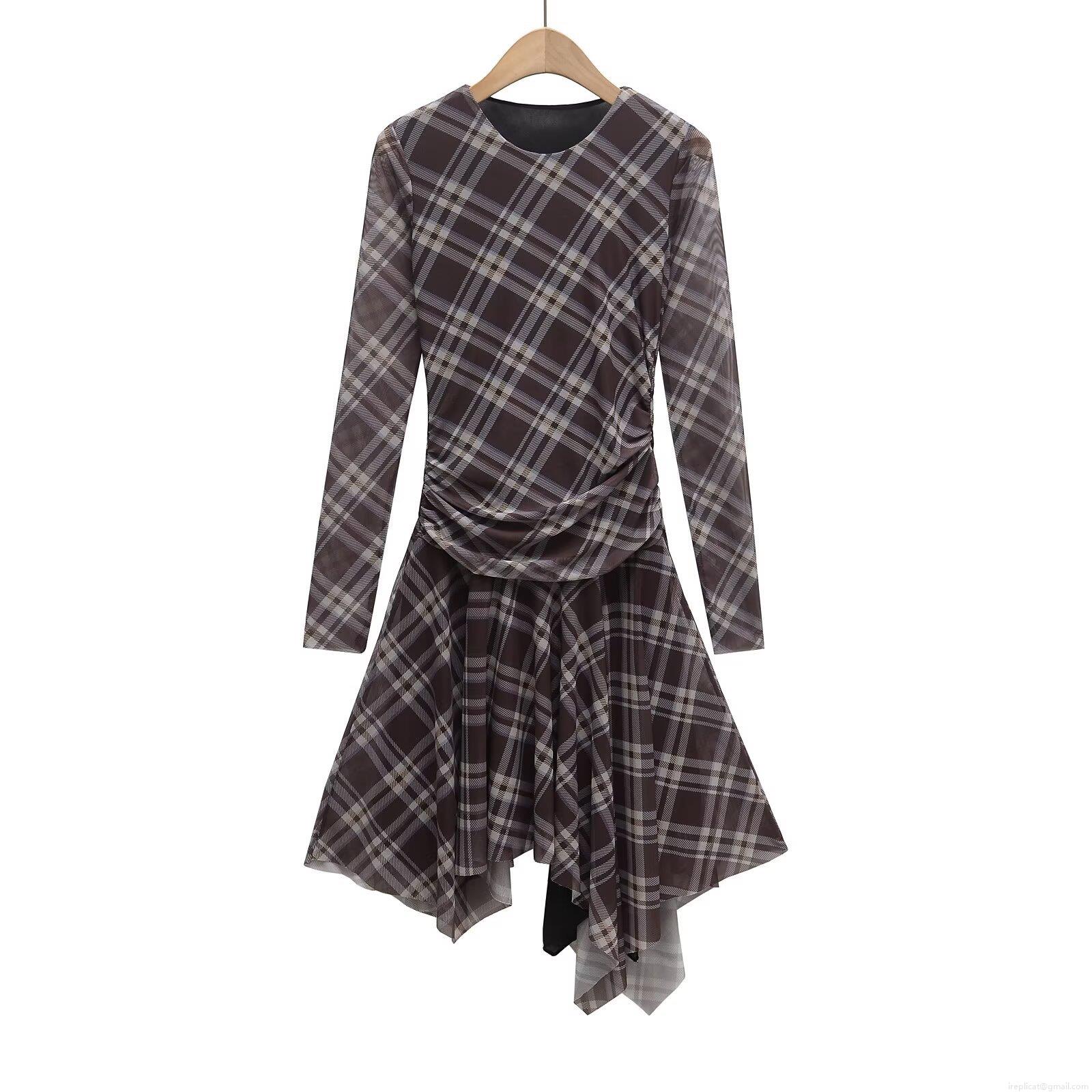 Elegant Plaid Mesh Midi Dress For Women Long Sleeve Ruched Asymmetrical Hem Retro Polyester Cotton Blend Bodycon Party Dress Elegant Plaid Mesh Midi Dress For Women Long Sleeve Ruched Asymmetrical Hem Retro Polyester Cotton Blend Bodycon Party Dress