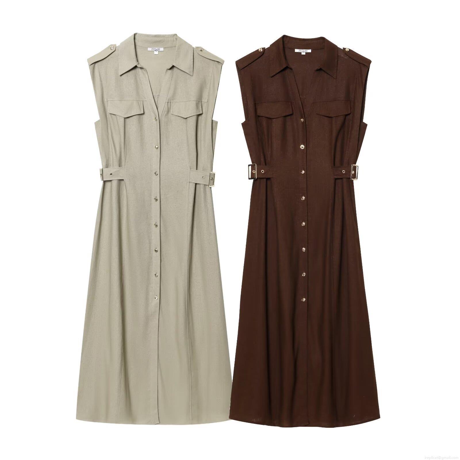 Women's Sleeveless Linen Texture Shirt Dress Elegant Lapel Button Down Midi Dress With Pockets Casual Workwear Vestidos Women's Sleeveless Linen Texture Shirt Dress Elegant Lapel Button Down Midi Dress With Pockets Casual Workwear Vestidos