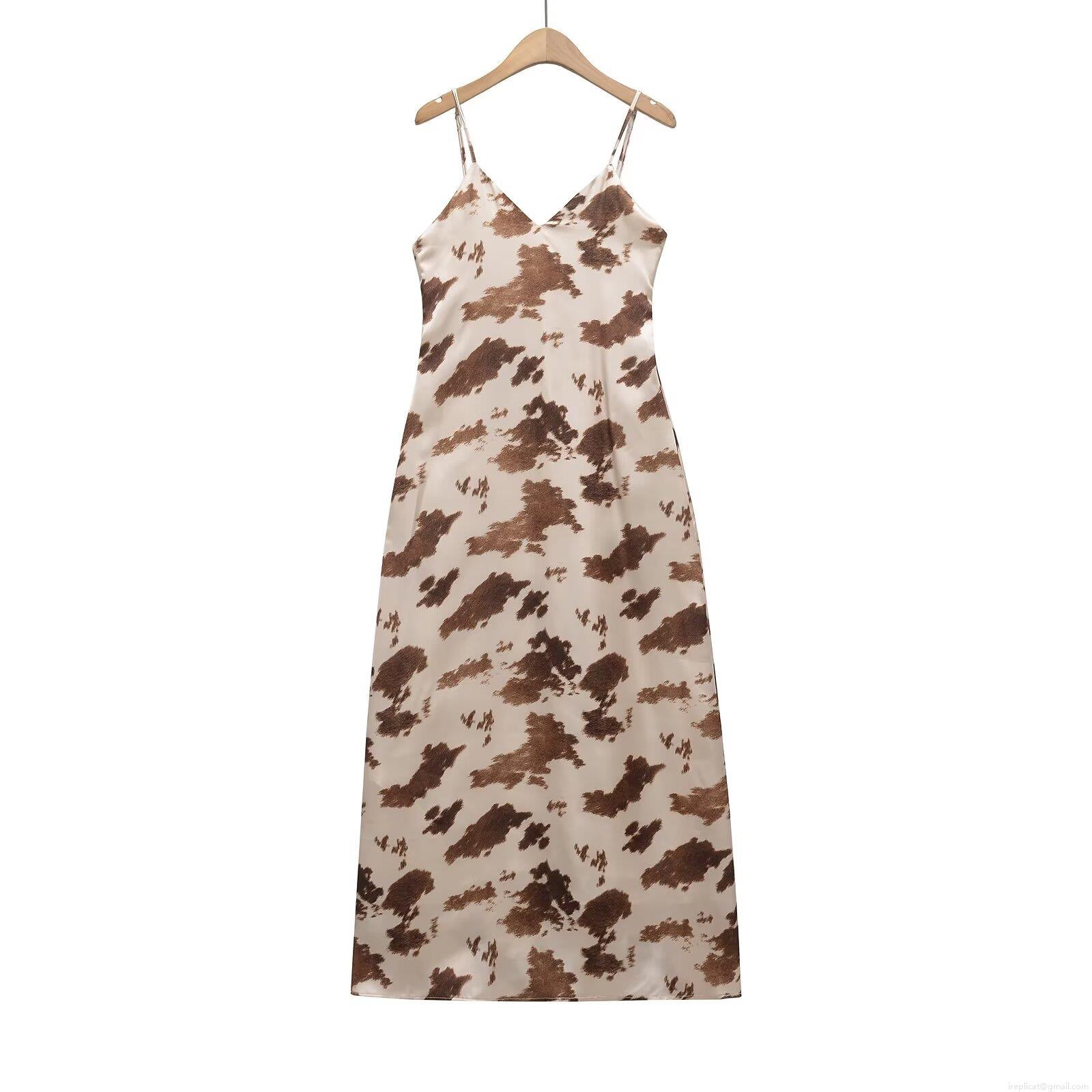Women's Elegant Satin Cow Print Slip Midi Dress V Neck Adjustable Spaghetti Strap Sexy Backless Party Long Dress Streetwear Women's Elegant Satin Cow Print Slip Midi Dress V Neck Adjustable Spaghetti Strap Sexy Backless Party Long Dress Streetwear