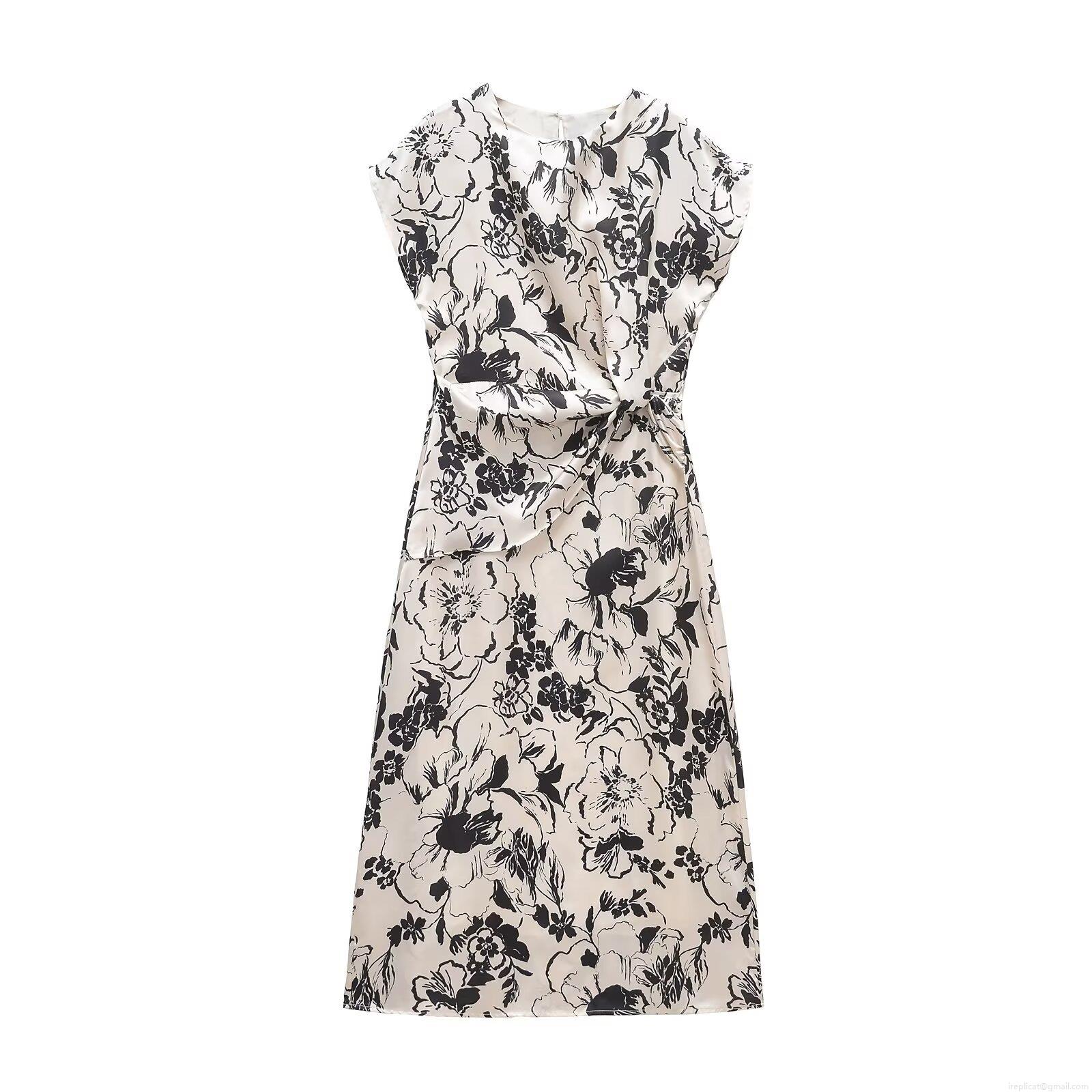 Elegant Satin Floral Midi Dress V-Neck Sleeveless Twist Knot Ruched Dress For Women Party Evening Banquet Dating Large Flower Print Polyester Dress Elegant Satin Floral Midi Dress V-Neck Sleeveless Twist Knot Ruched Dress For Women Party Evening Banquet Dating Large Flower Print Polyester Dress