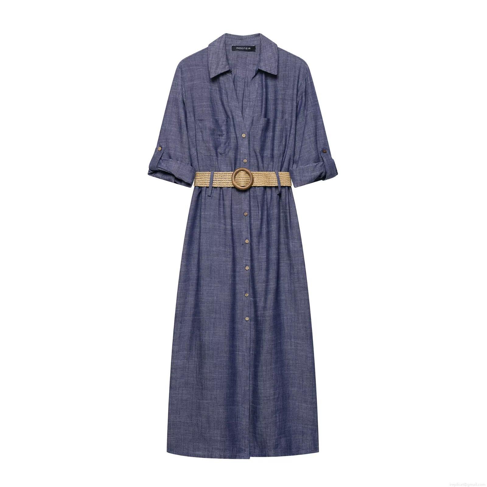 Women's Deep Blue Midi Shirt Dress Polyester Cotton Linen Blend Short Sleeve V-Neck Single Breasted Long Dress With Wood Buckle Straw Belt Elegant Casual European Style Women's Deep Blue Midi Shirt Dress Polyester Cotton Linen Blend Short Sleeve V-Neck Single Breasted Long Dress With Wood Buckle Straw Belt Elegant Casual European Style